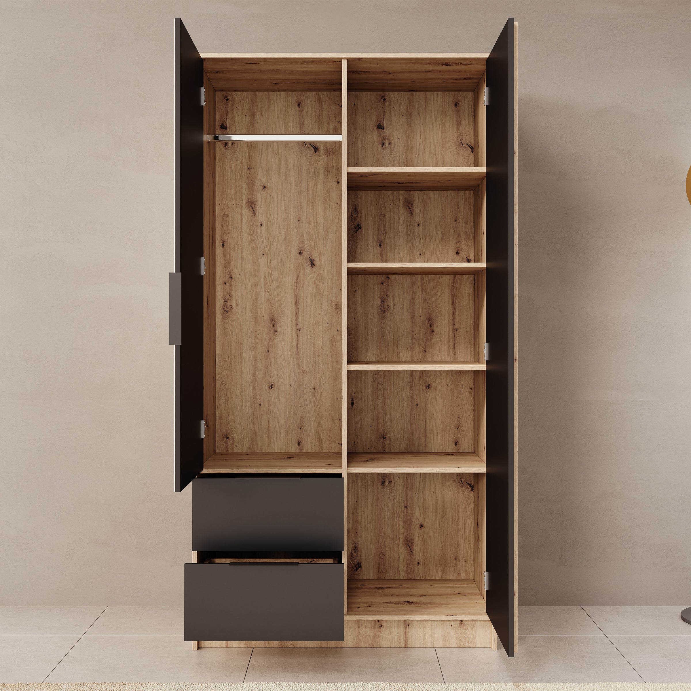 Nocturna - Kledingkast 2 deurs - Eiken/Zwart - 102x51x200 cm