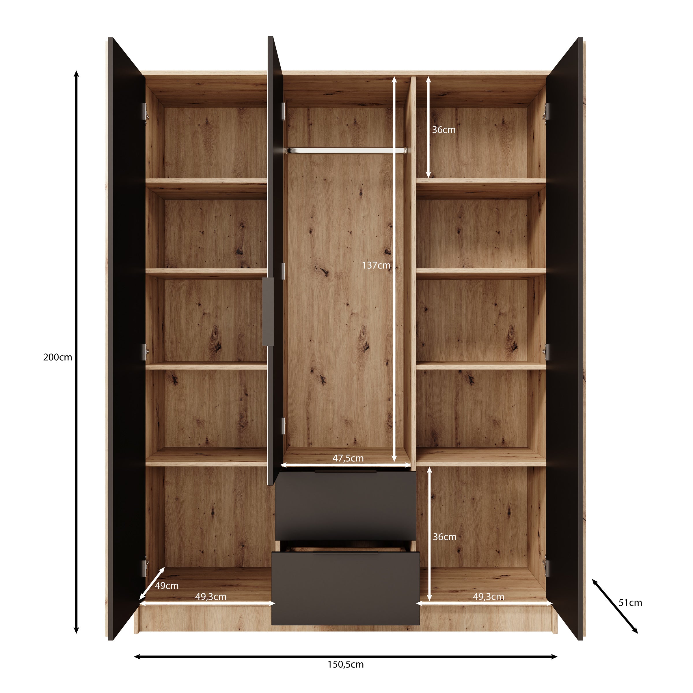 Nocturna - Kledingkast 2 deurs - Eiken/Zwart - 150x51x200 cm