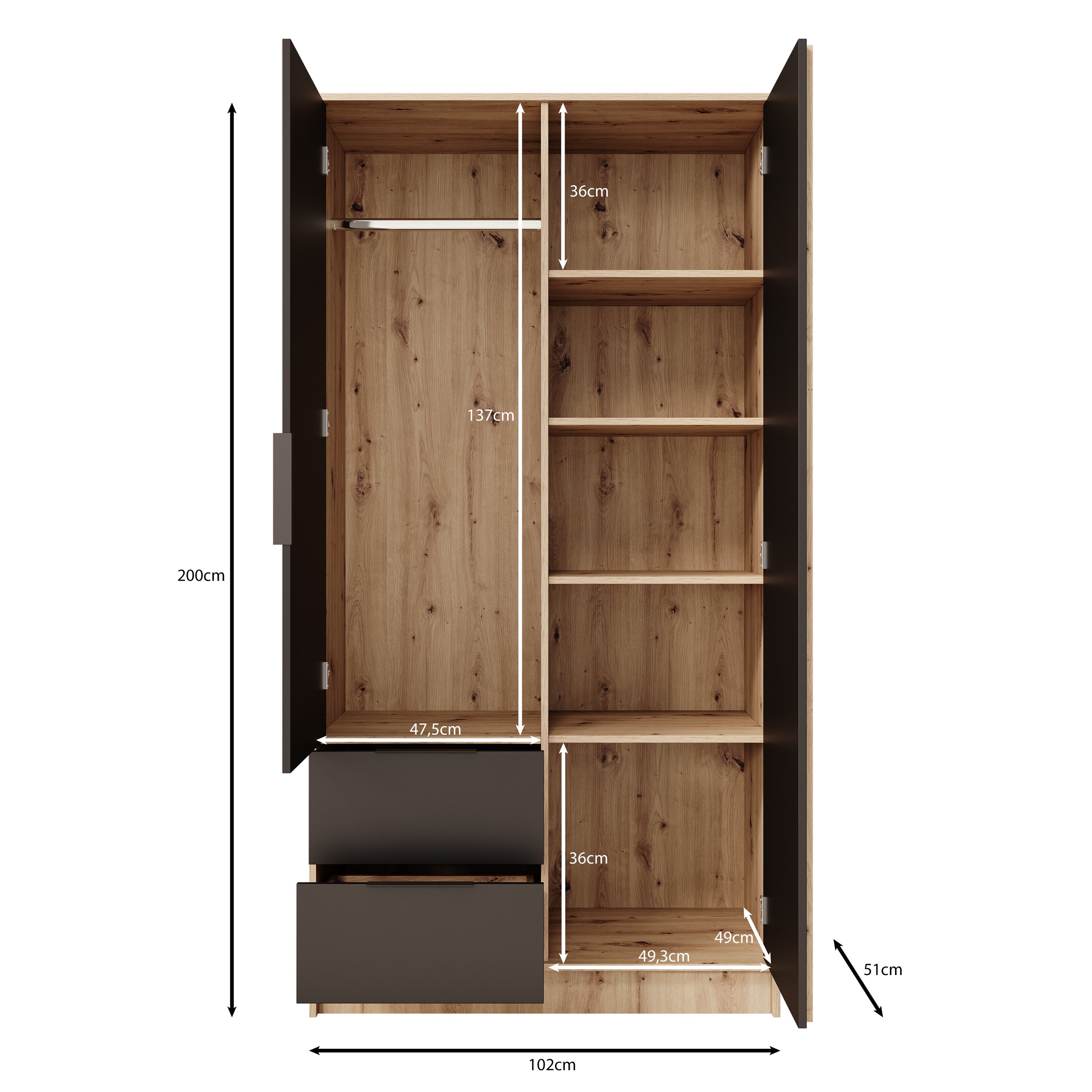 Nocturna - Kledingkast 2 deurs - Zwart - 102x51x200 cm
