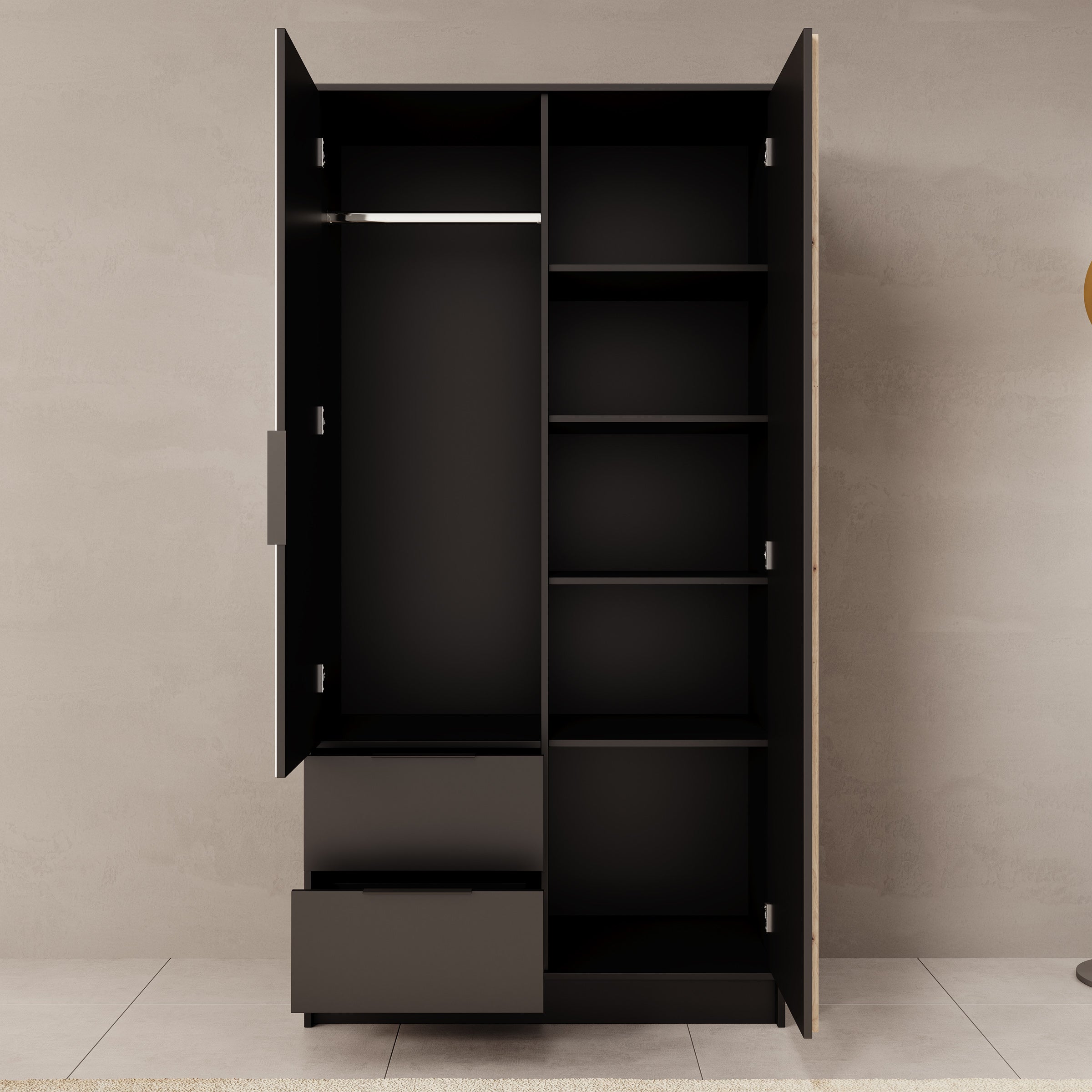 Nocturna - Kledingkast 2 deurs - Zwart - 102x51x200 cm