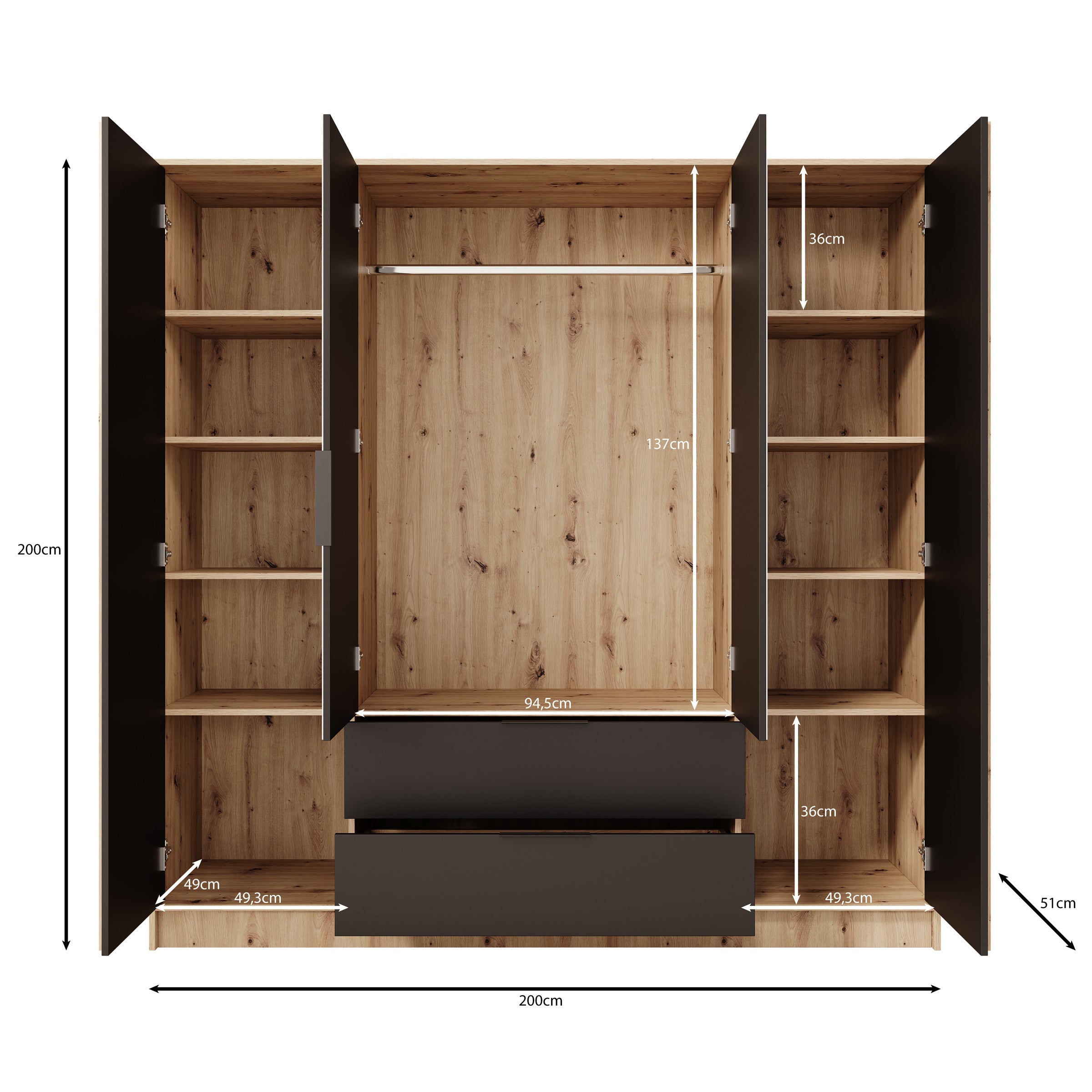 Nocturna - Kledingkast 2 deurs - Zwart - 200x51x200 cm