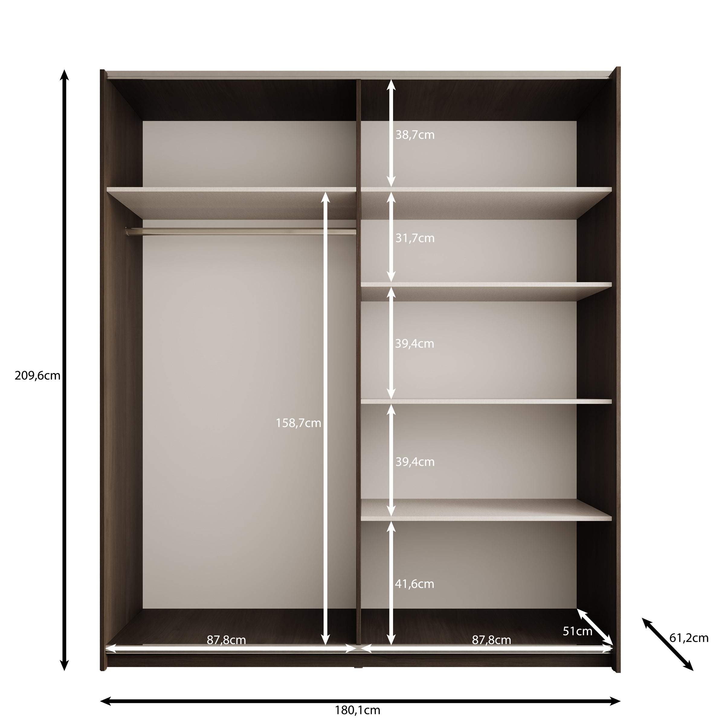 Nokta - Kledingkast met schuifdeuren - Donker eikenpatroon - 180x61x210 cm