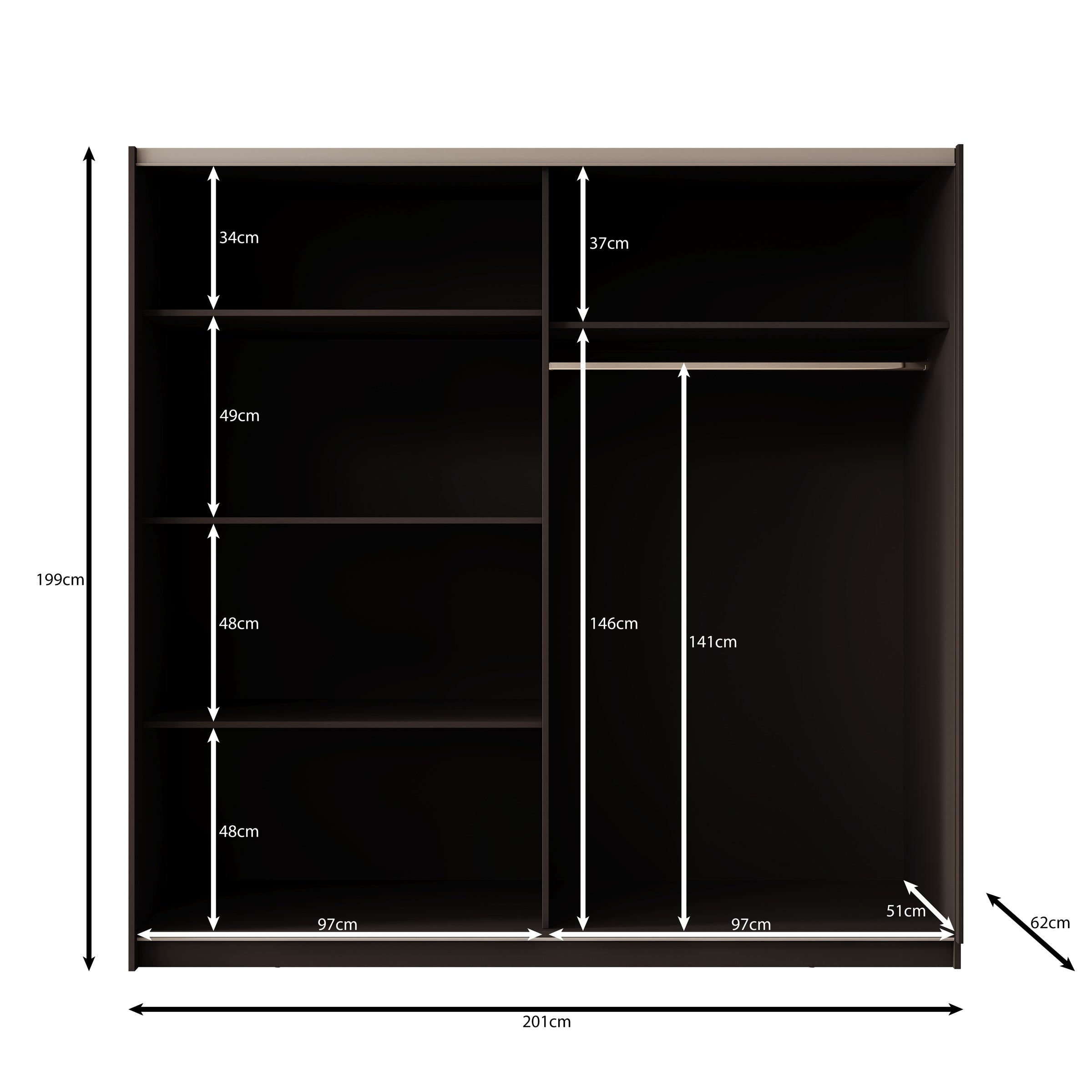 Nore - Kledingkast met schuifdeuren - Zwart/Eikenpatroon - 201x62x199 cm
