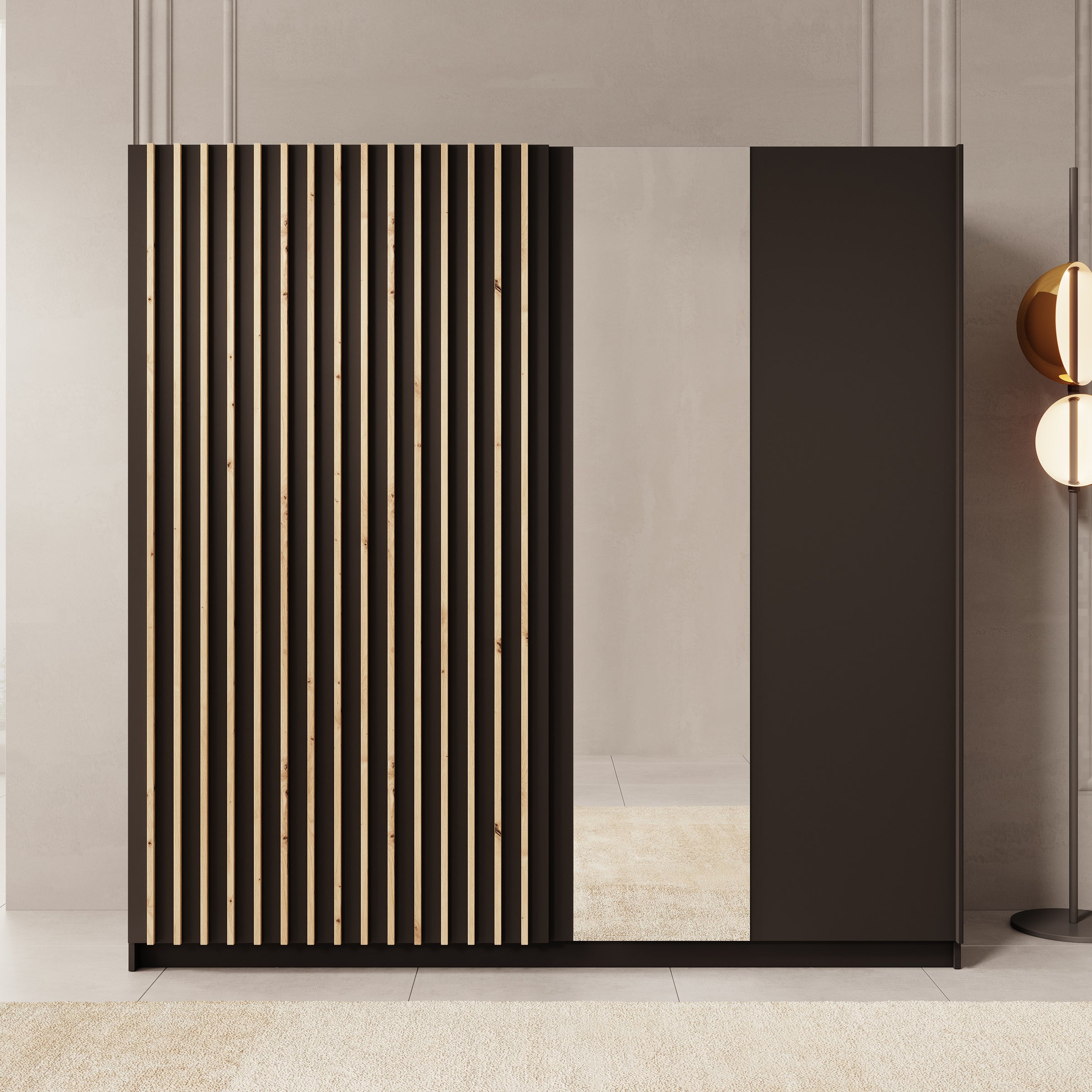Nore - Kledingkast met schuifdeuren - Zwart/Eikenpatroon - 201x62x199 cm