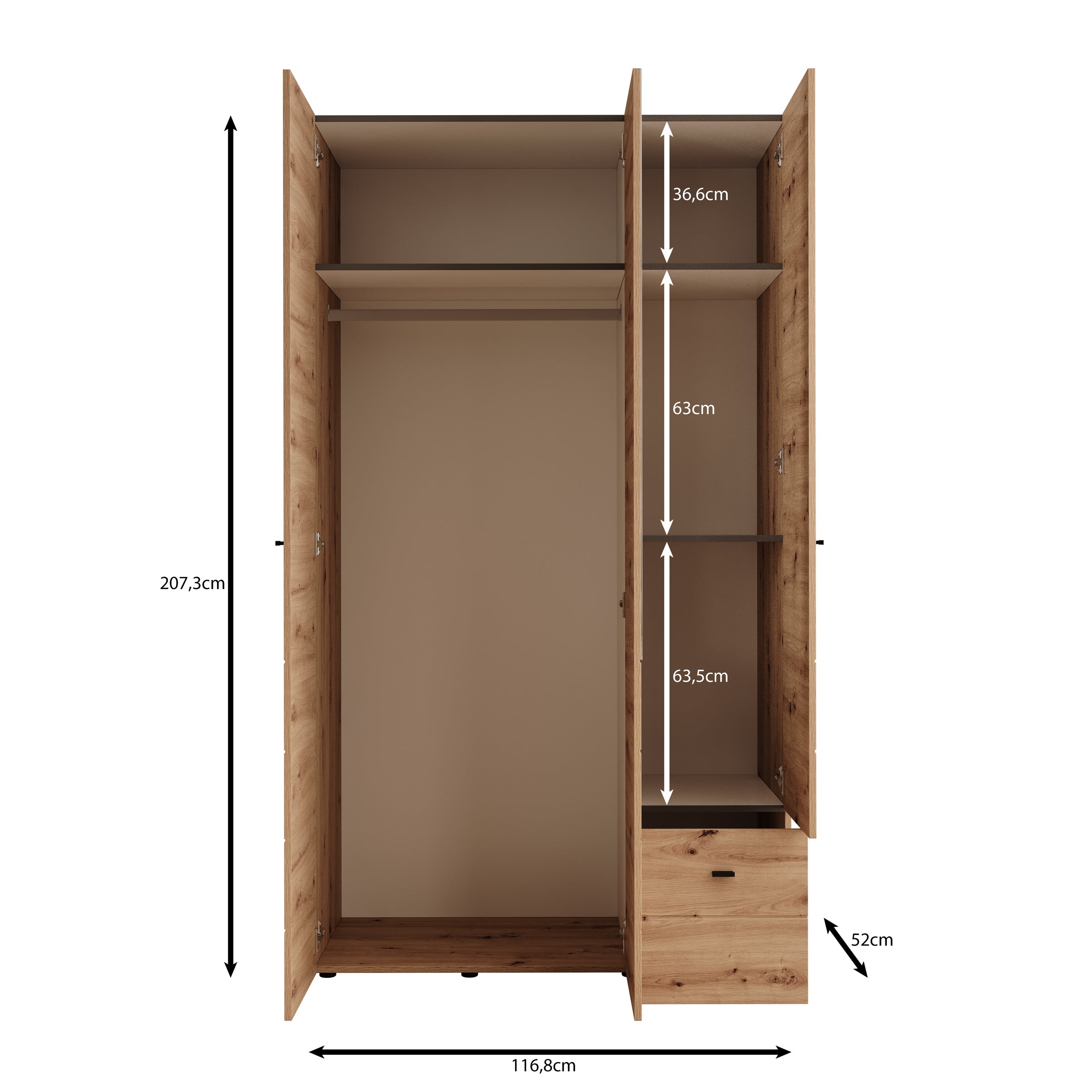 Nouran - Kledingkast 3-deurs - Eikenpatroon - 117x52x208 cm