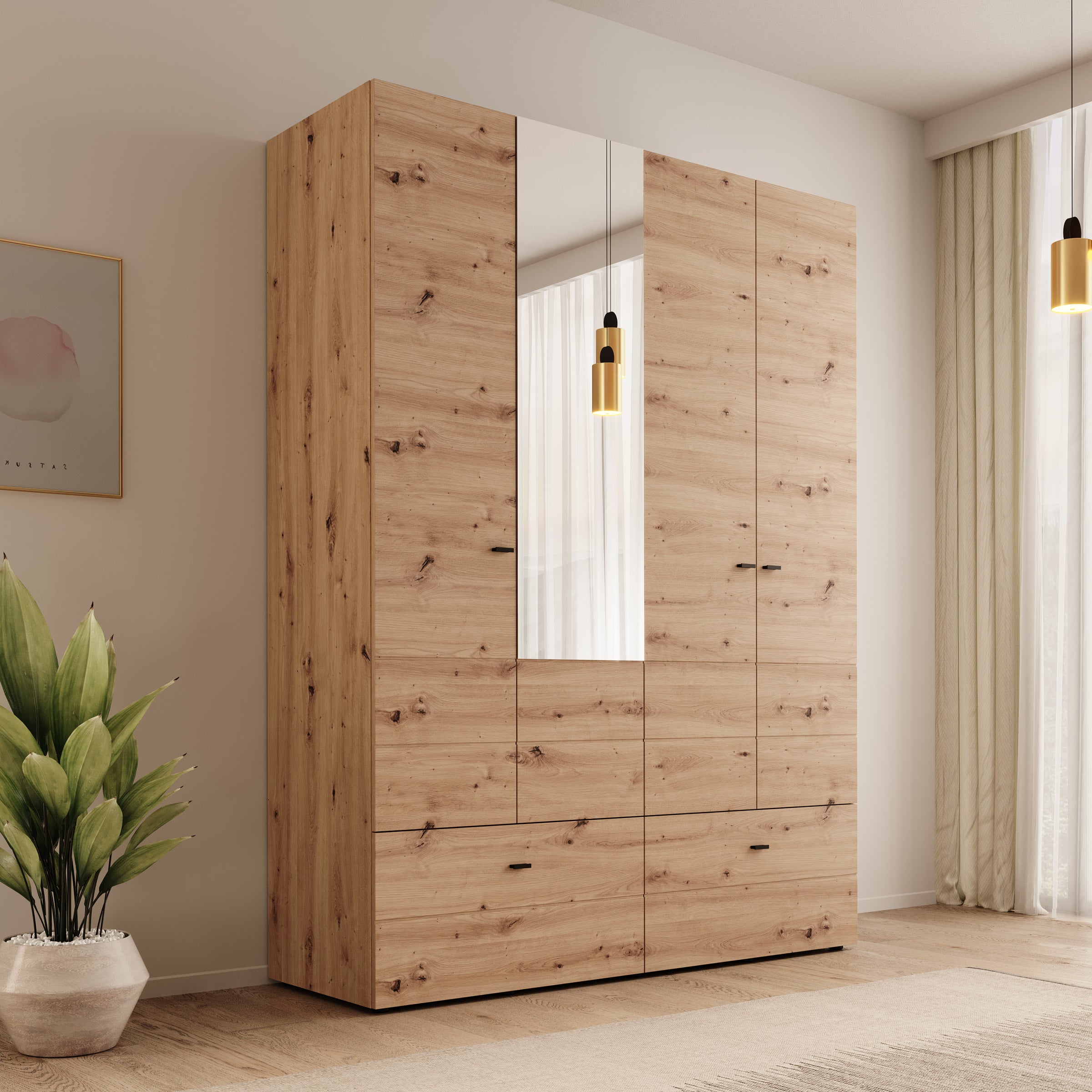 Nouran - Kledingkast 4-deurs met lades - Eikenpatroon - 155x52x208 cm