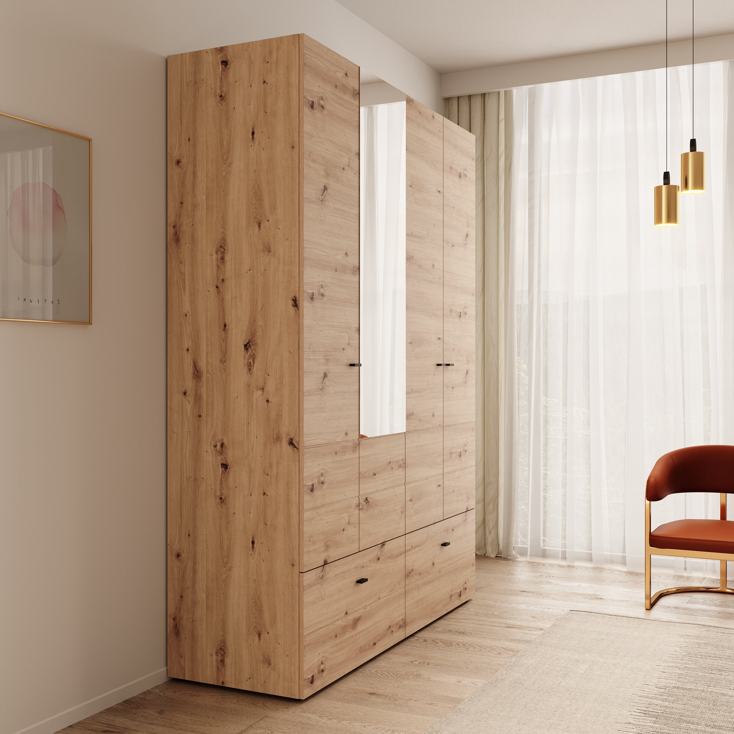 Nouran - Kledingkast 4-deurs met lades - Eikenpatroon - 155x52x208 cm