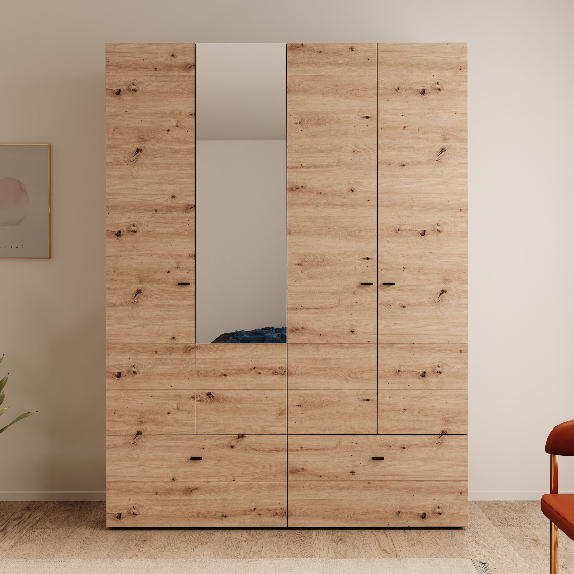 Nouran - Kledingkast 4-deurs met lades - Eikenpatroon - 155x52x208 cm
