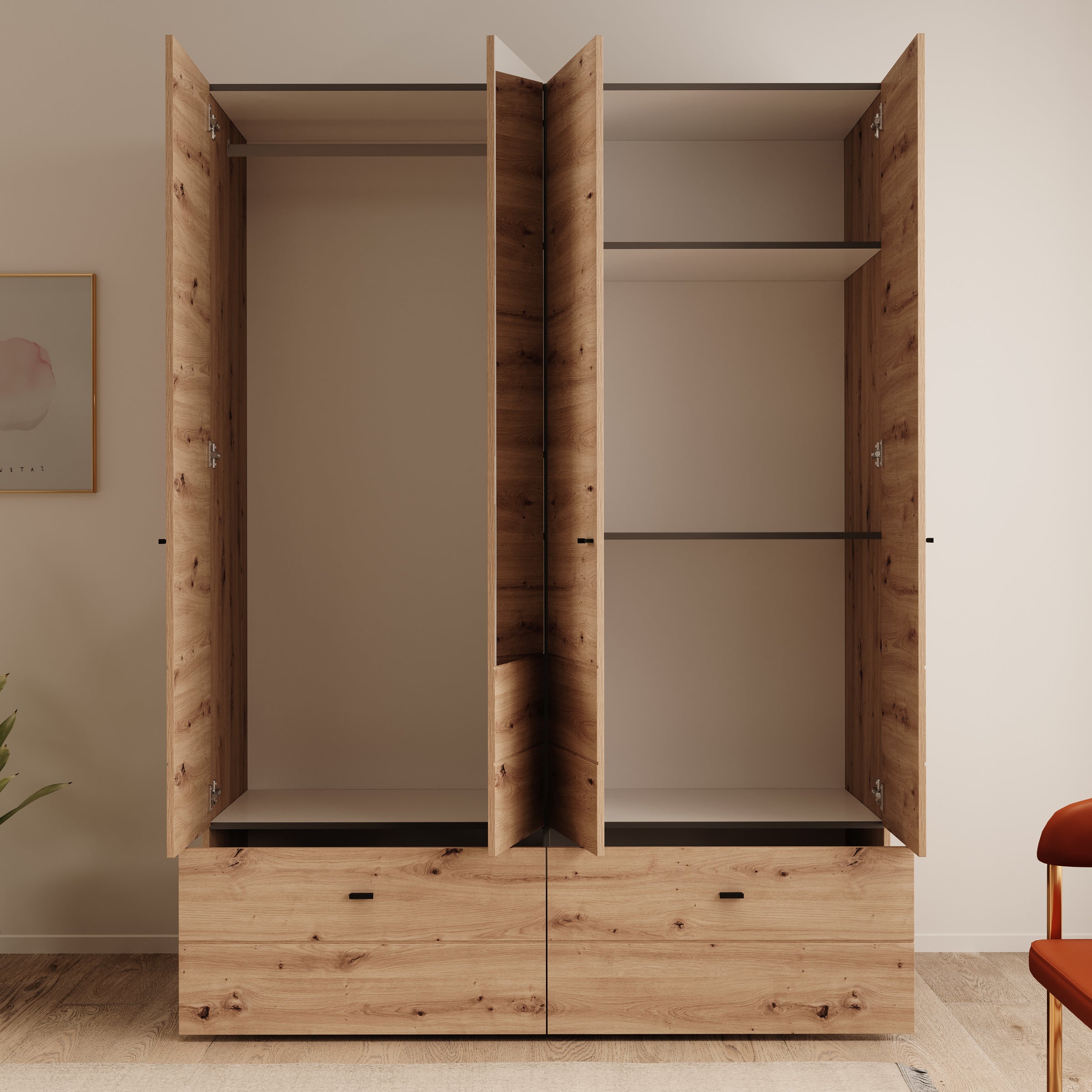 Nouran - Kledingkast 4-deurs met lades - Eikenpatroon - 155x52x208 cm