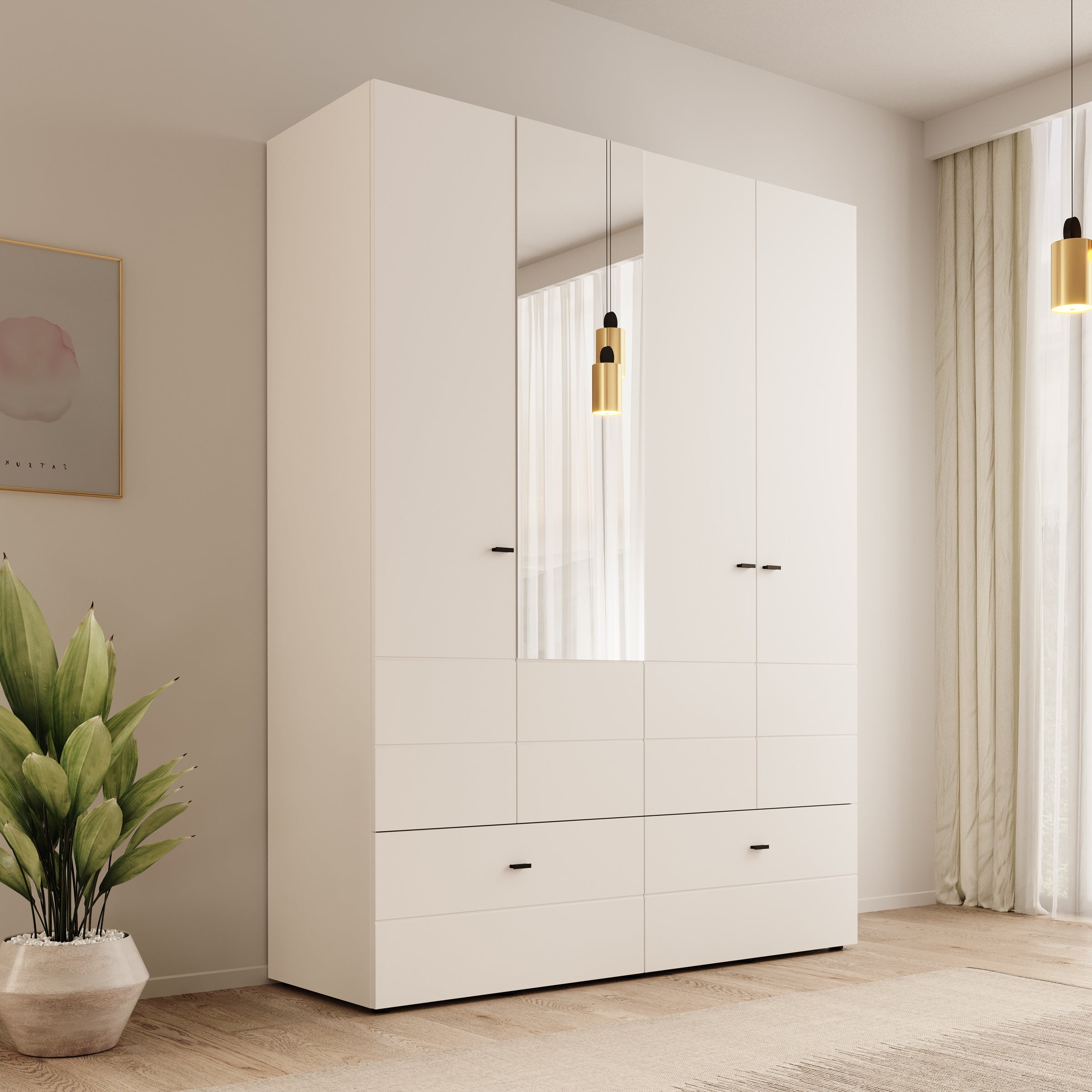 Nouran - Kledingkast 4-deurs met lades - Wit - 155x52x208 cm