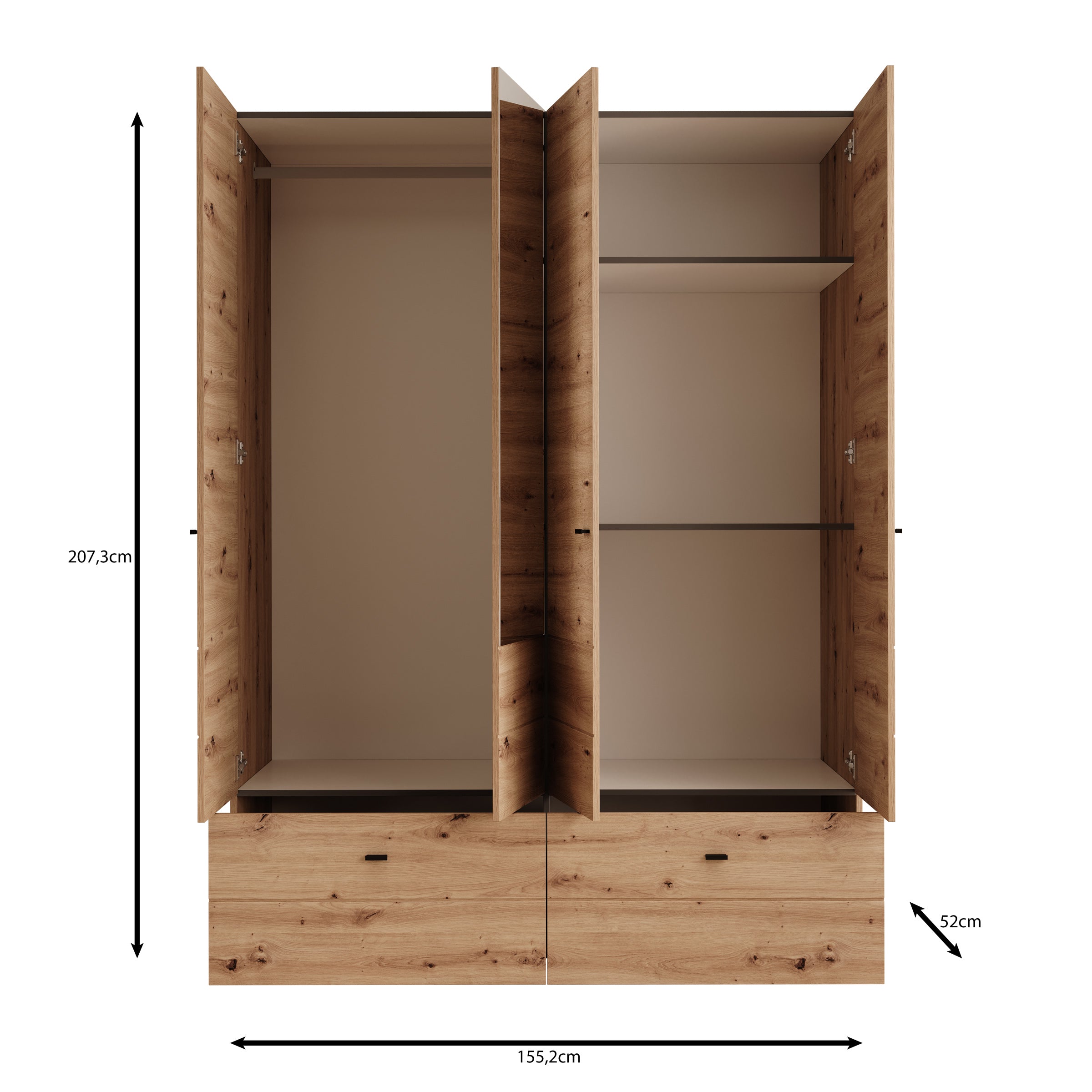 Nouran - Kledingkast 4-deurs met lades - Wit - 155x52x208 cm