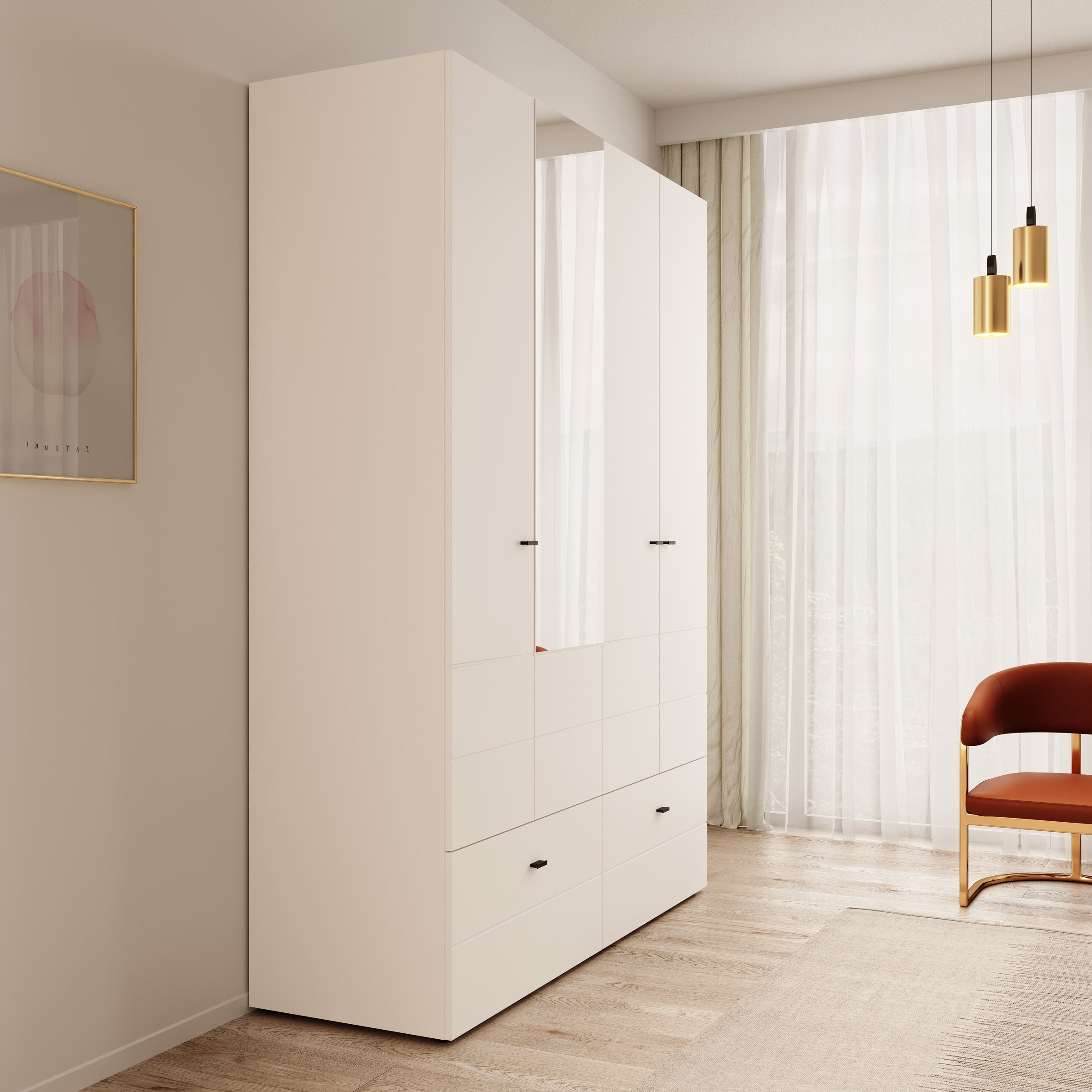 Nouran - Kledingkast 4-deurs met lades - Wit - 155x52x208 cm