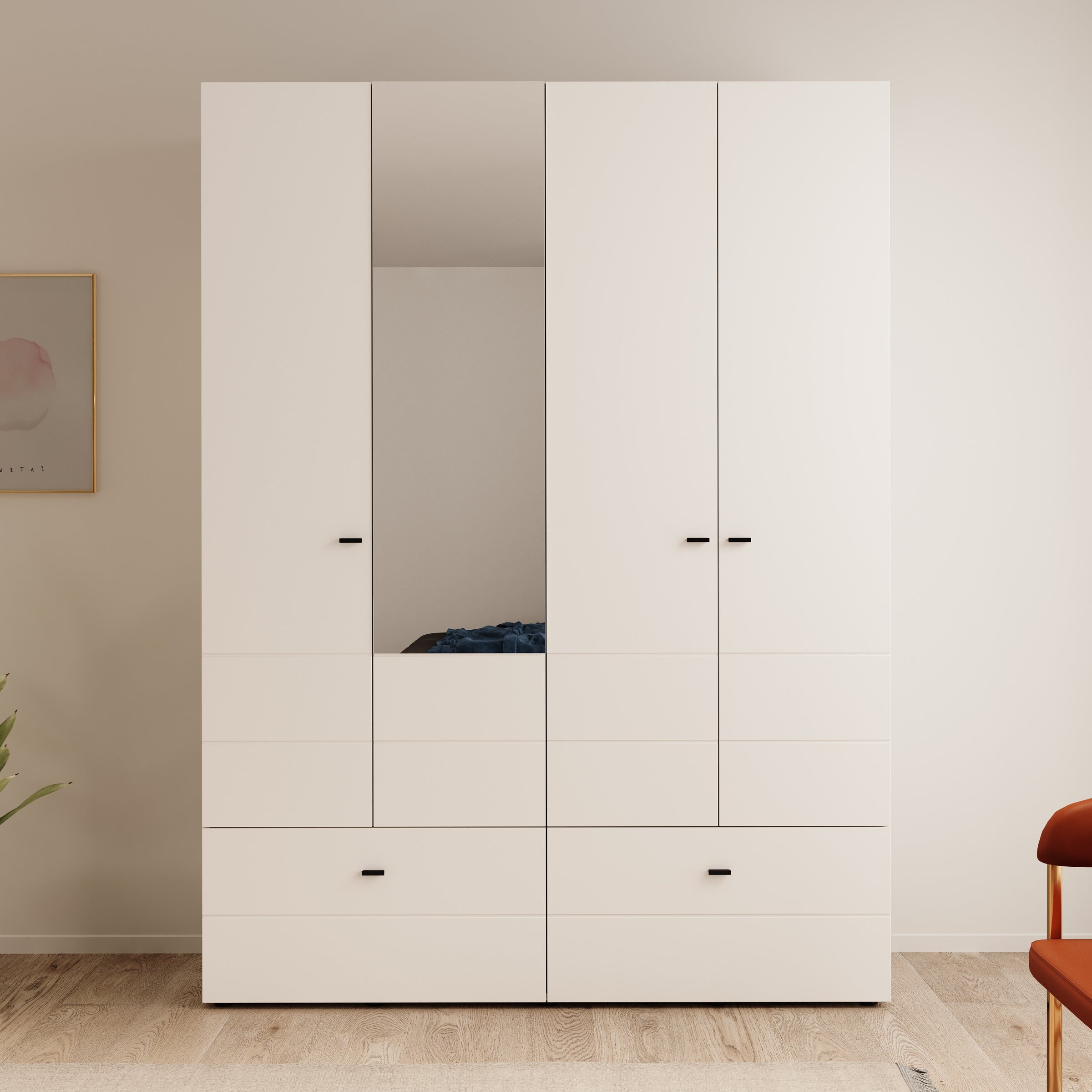Nouran - Kledingkast 4-deurs met lades - Wit - 155x52x208 cm