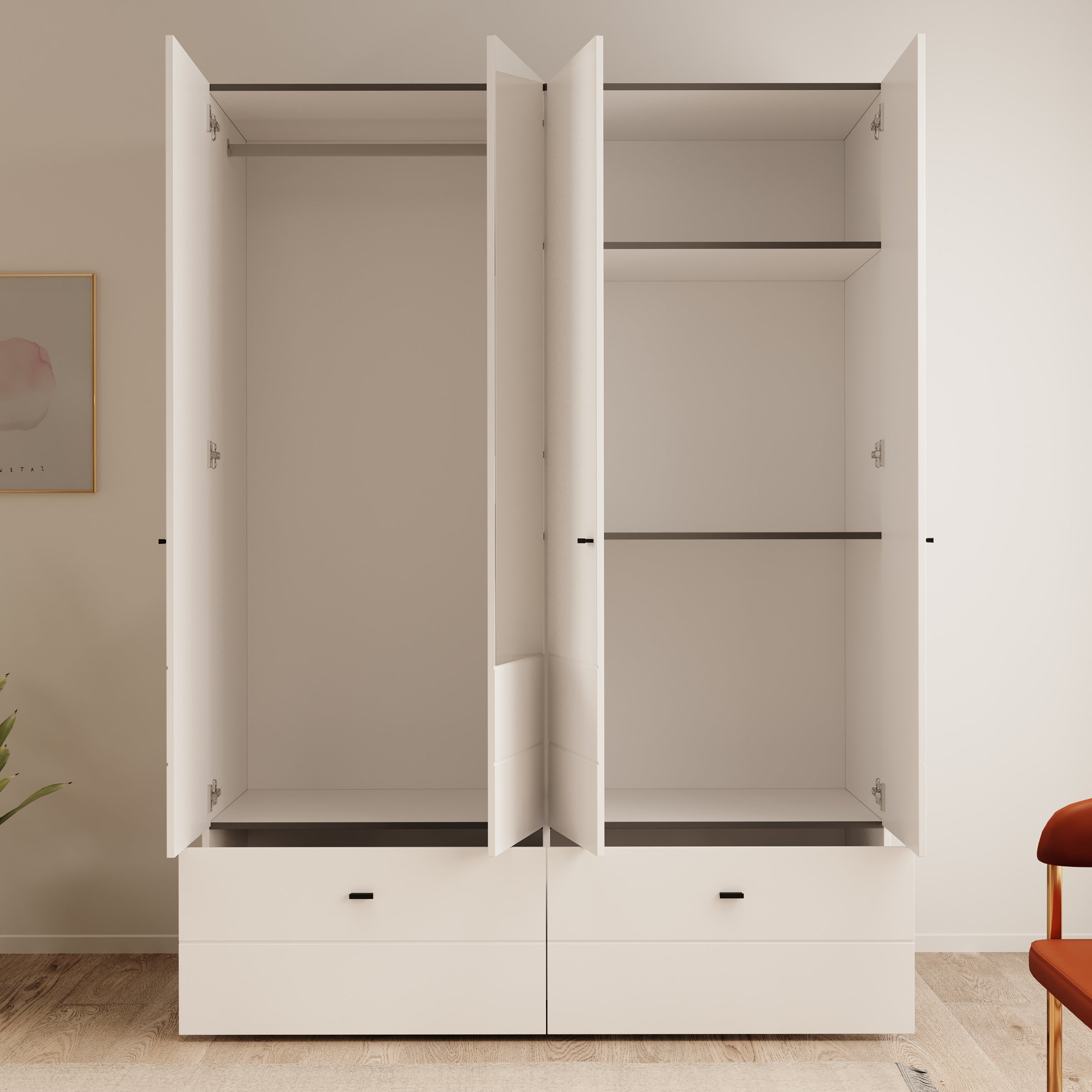 Nouran - Kledingkast 4-deurs met lades - Wit - 155x52x208 cm