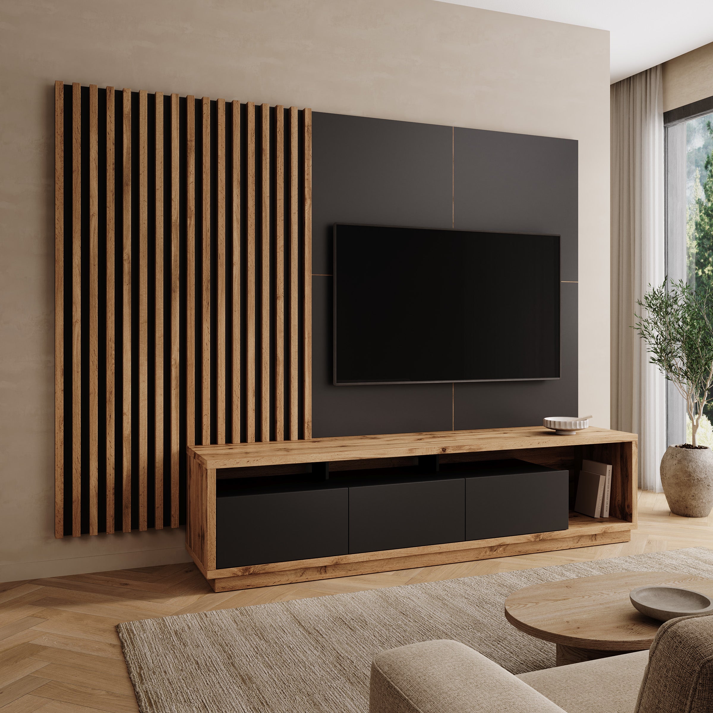 Novaro - Wandmeubel - Zwart/Eikenpatroon - 252x52x179 cm
