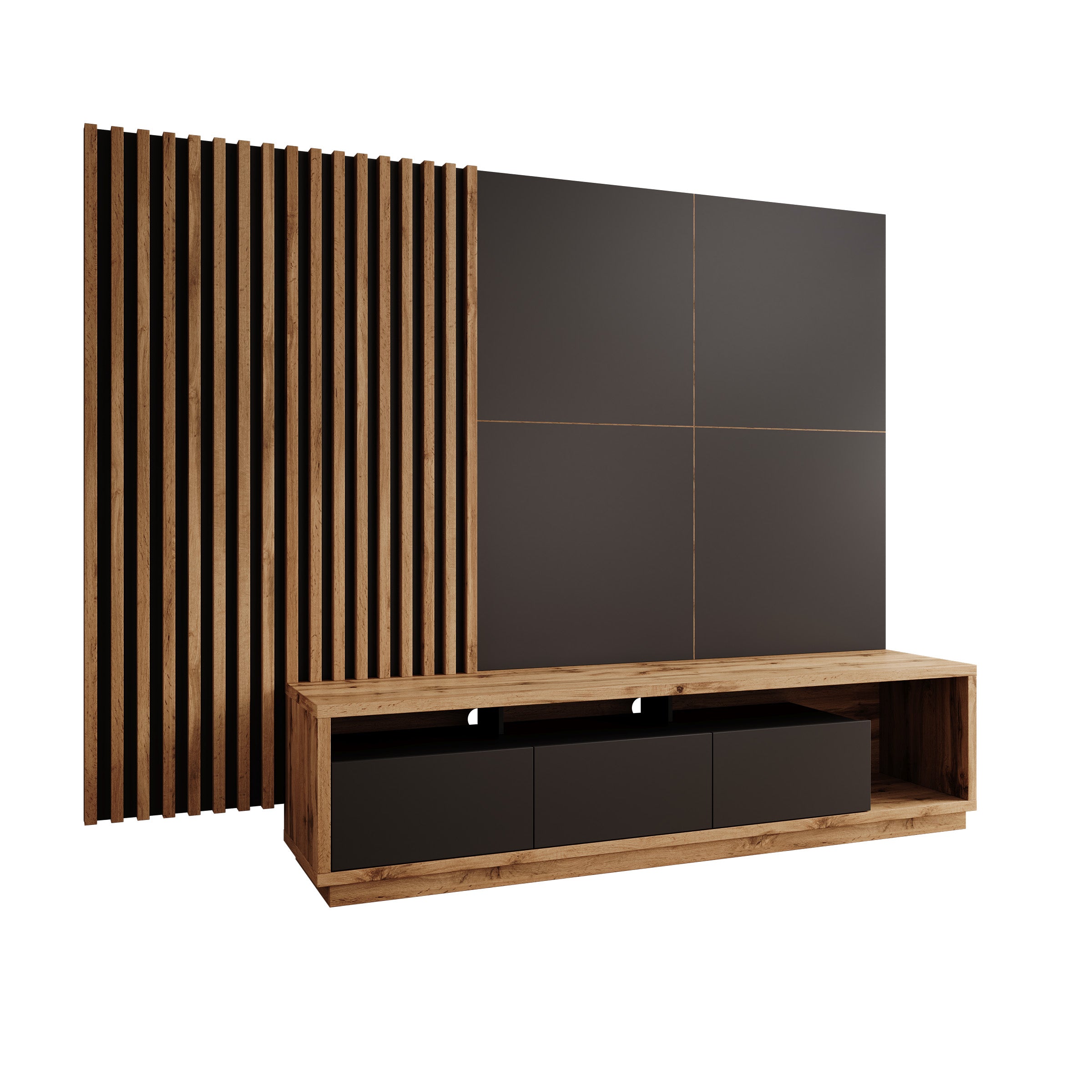 Novaro - Wandmeubel - Zwart/Eikenpatroon - 252x52x179 cm