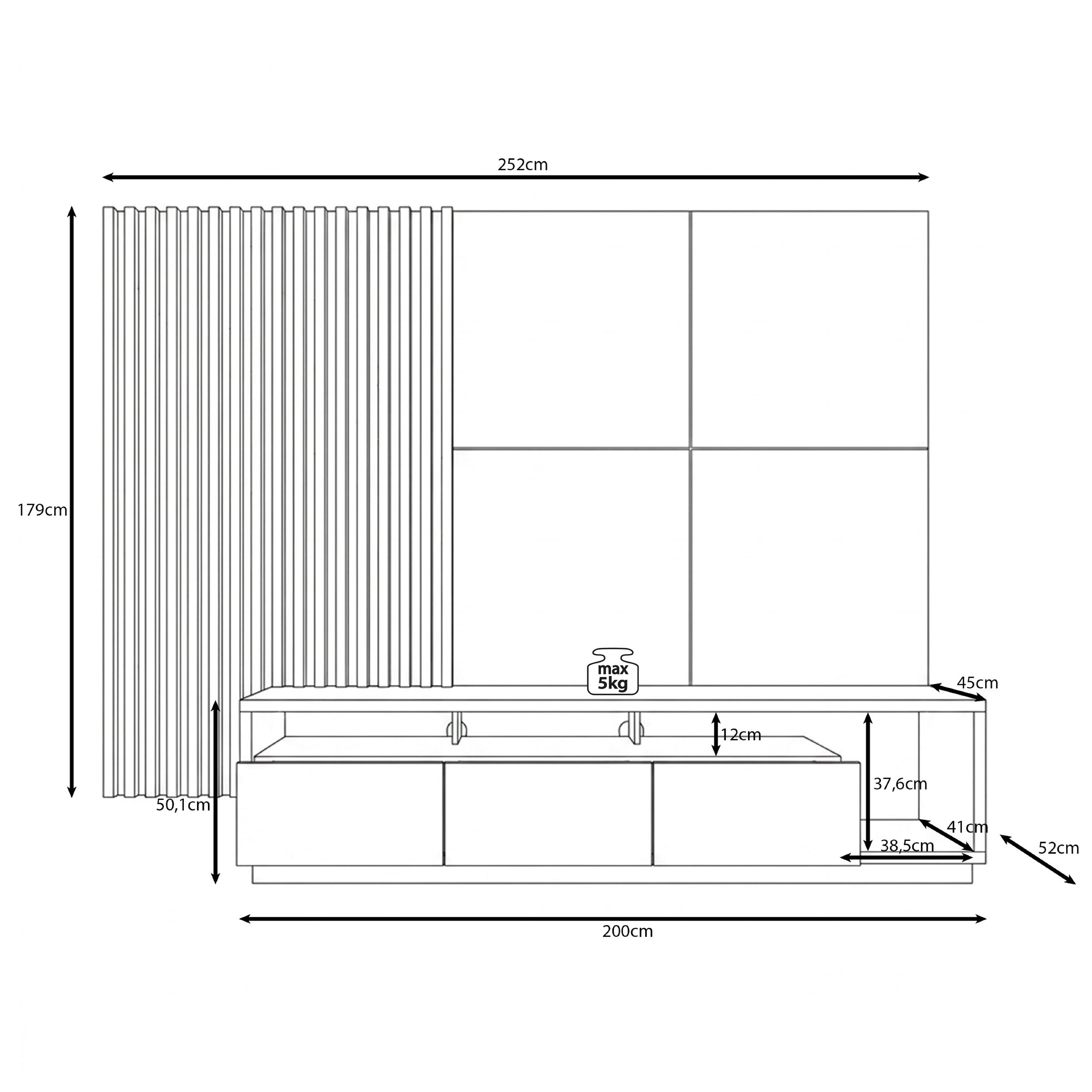 Novaro - Wandmeubel - Zwart/Eikenpatroon - 252x52x179 cm
