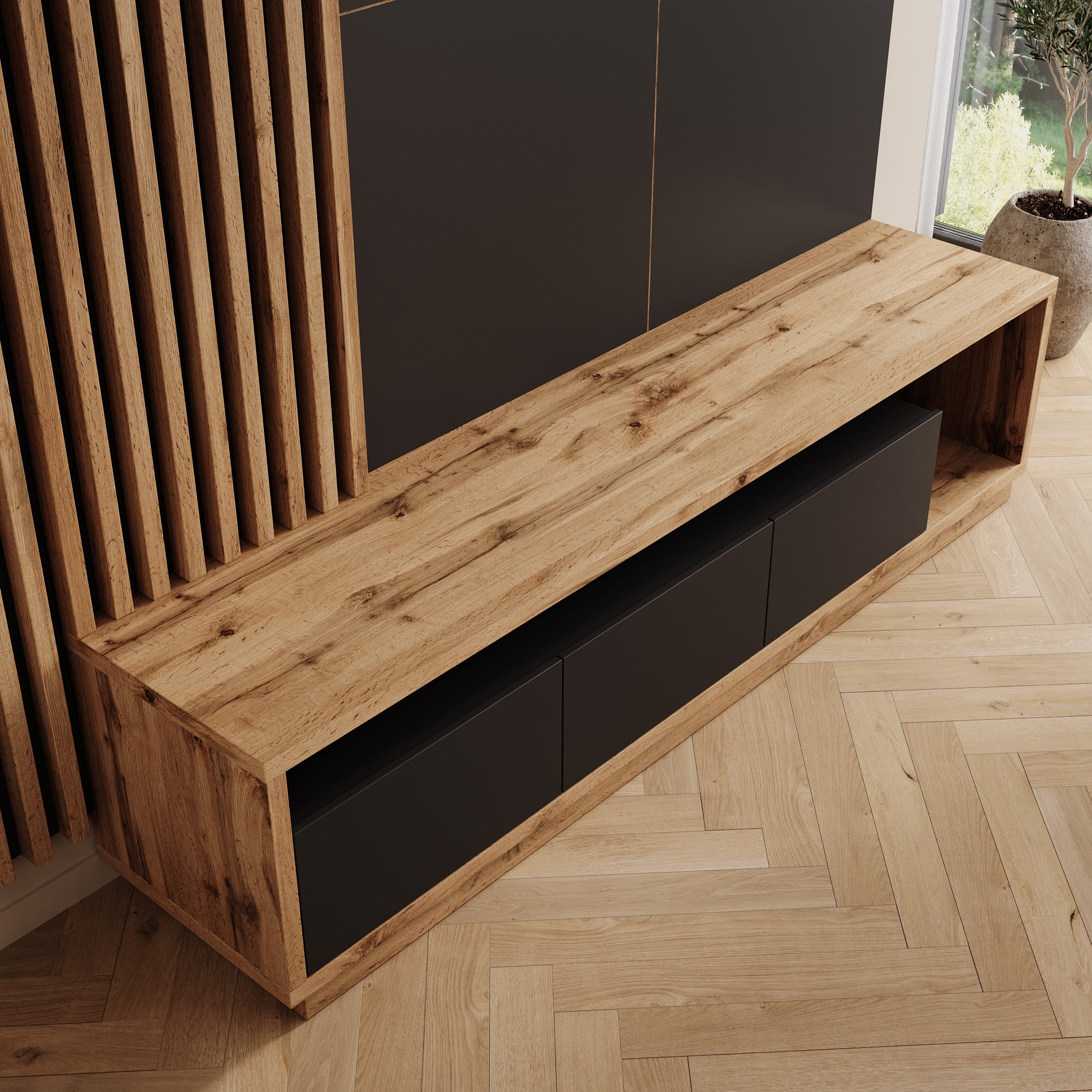 Novaro - Wandmeubel - Zwart/Eikenpatroon - 252x52x179 cm