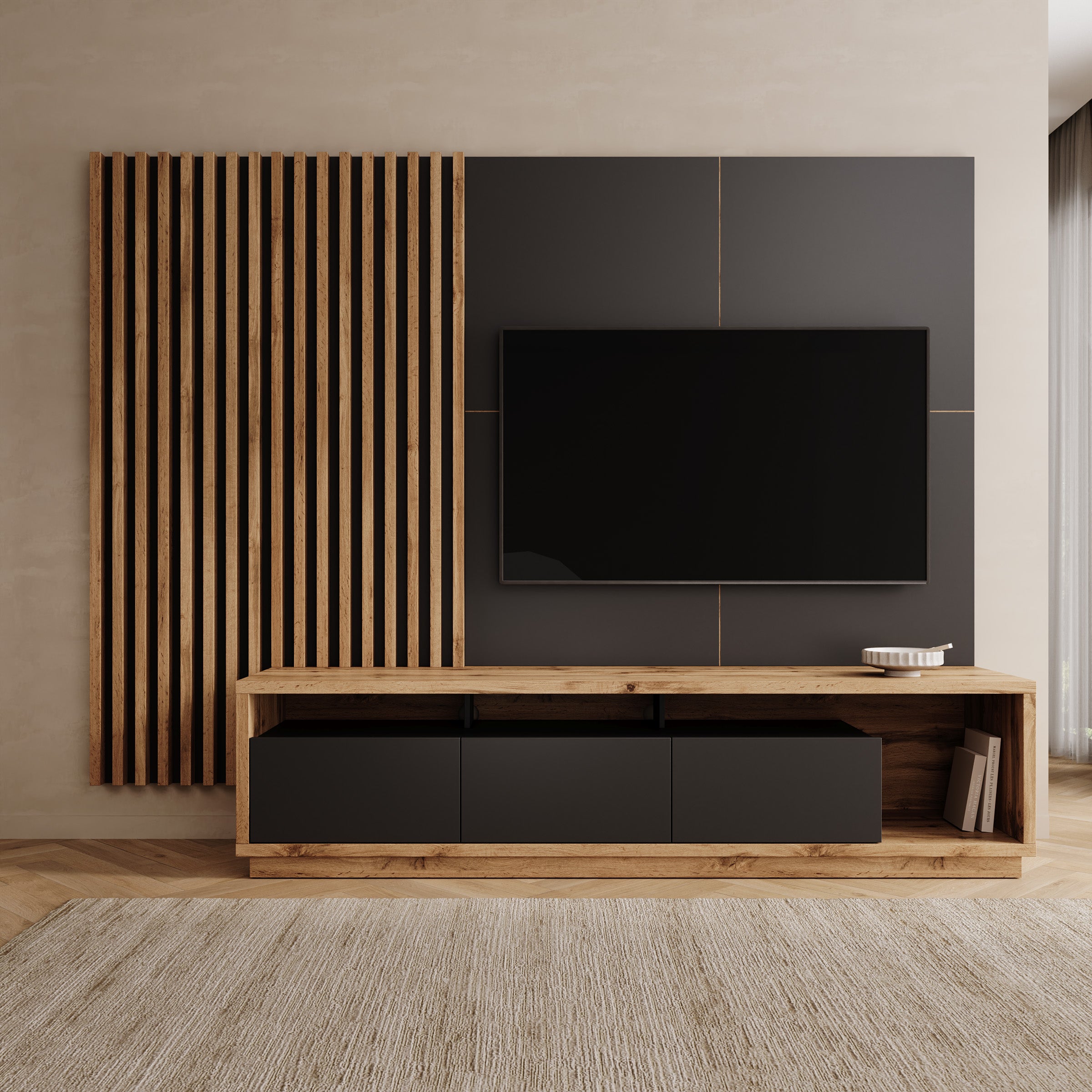 Novaro - Wandmeubel - Zwart/Eikenpatroon - 252x52x179 cm