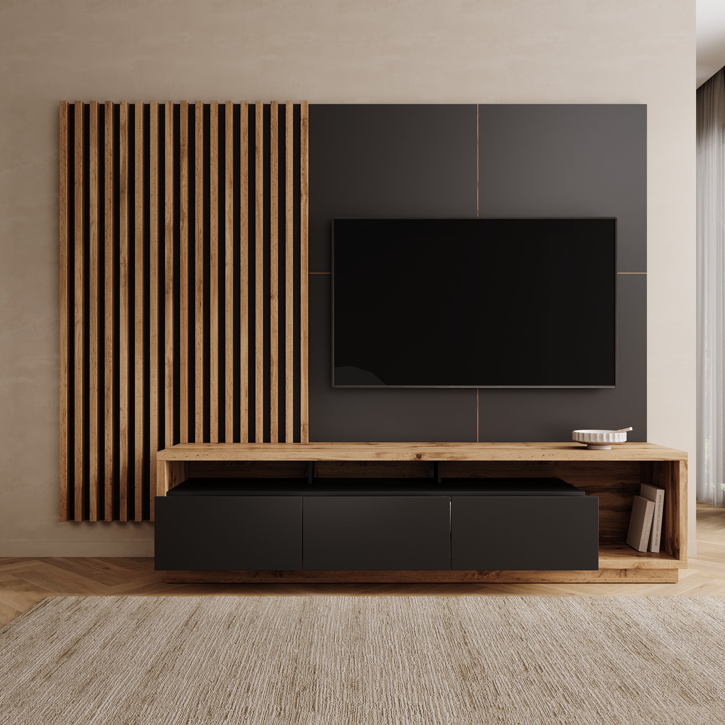 Novaro - Wandmeubel - Zwart/Eikenpatroon - 252x52x179 cm