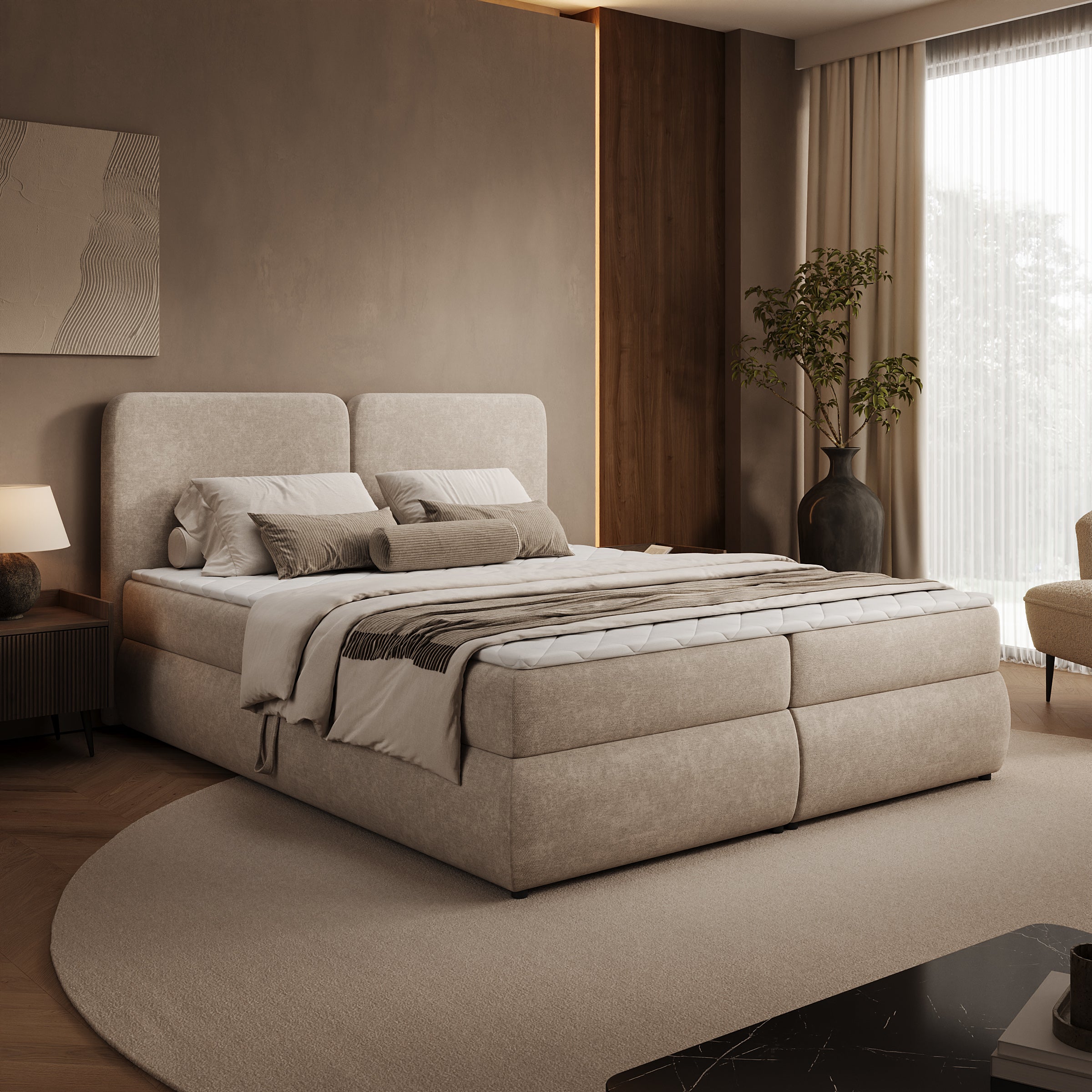 Novu - Boxspring met opbergruimte - Stof beige - 160x200 cm