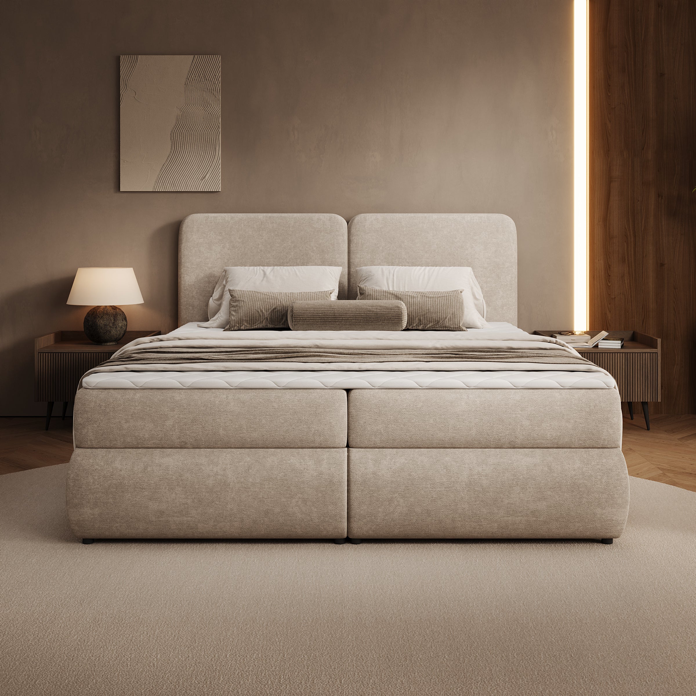 Novu - Boxspring met opbergruimte - Stof beige - 160x200 cm