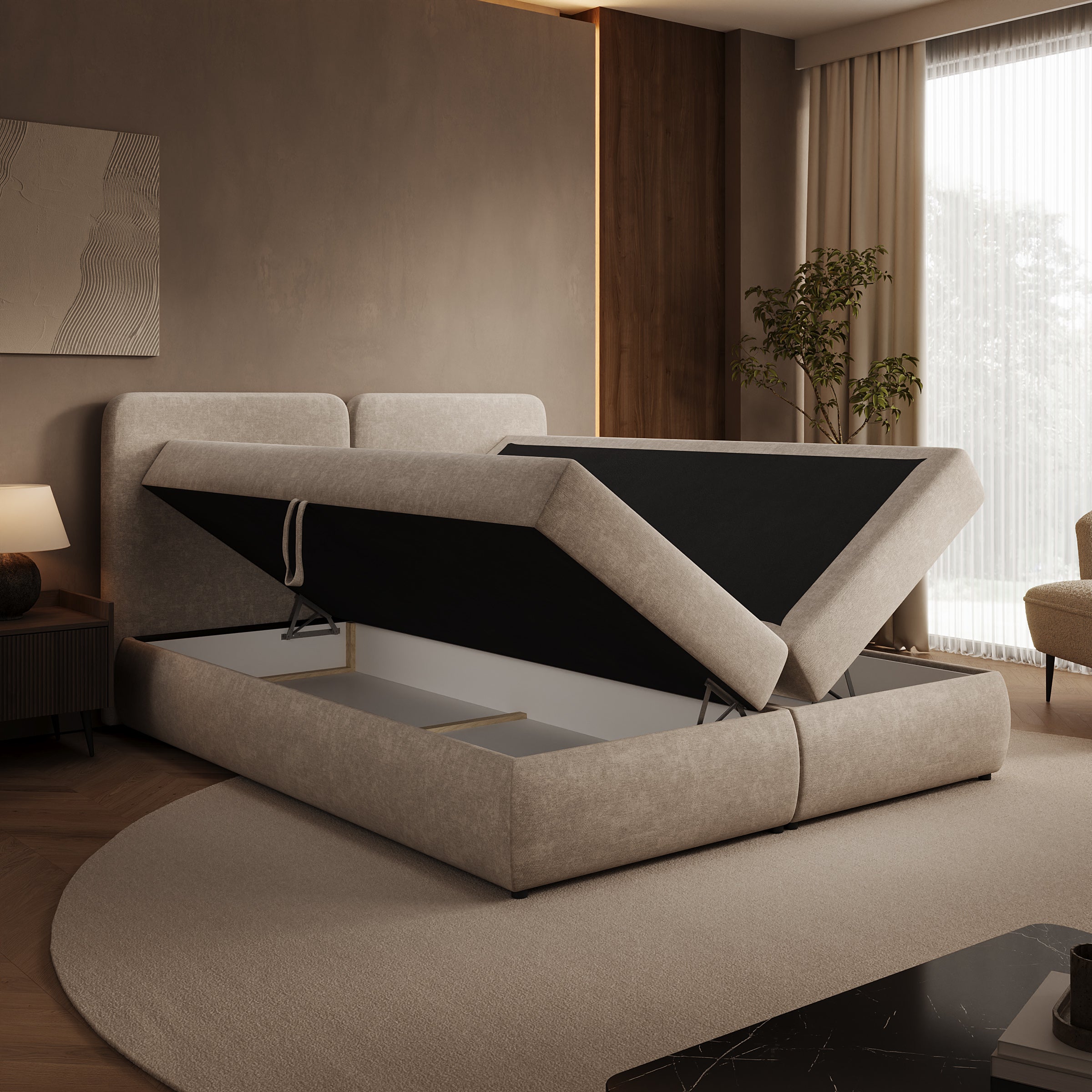 Novu - Boxspring met opbergruimte - Stof beige - 160x200 cm