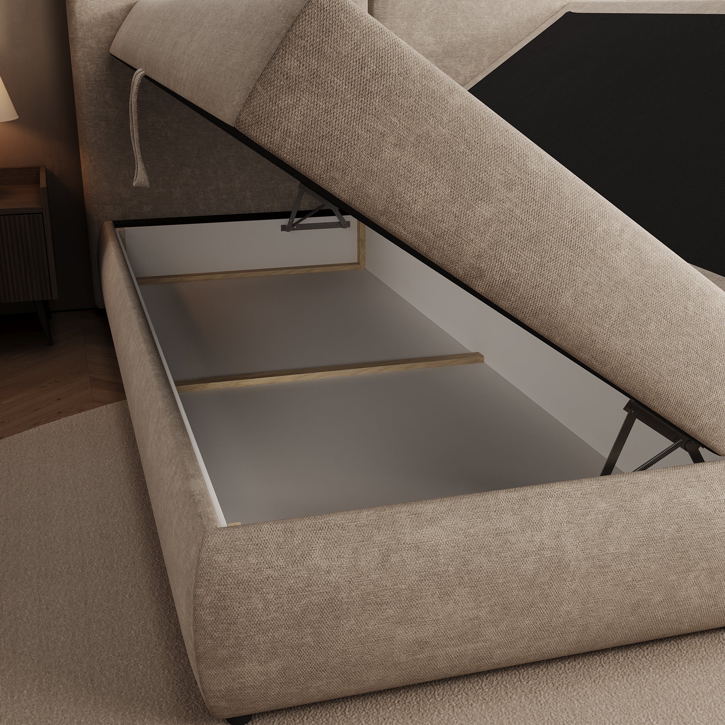 Novu - Boxspring met opbergruimte - Stof beige - 160x200 cm