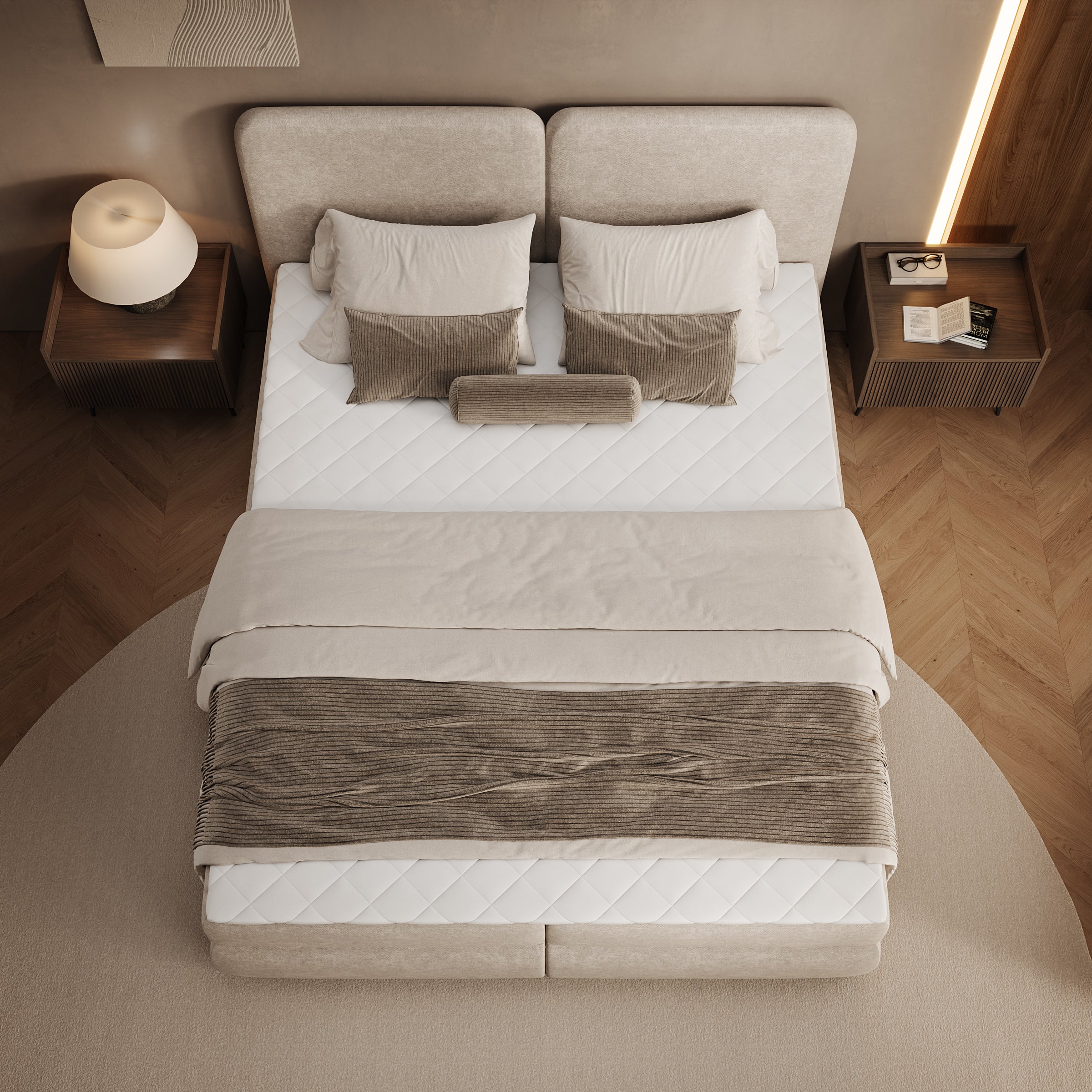 Novu - Boxspring met opbergruimte - Stof beige - 160x200 cm