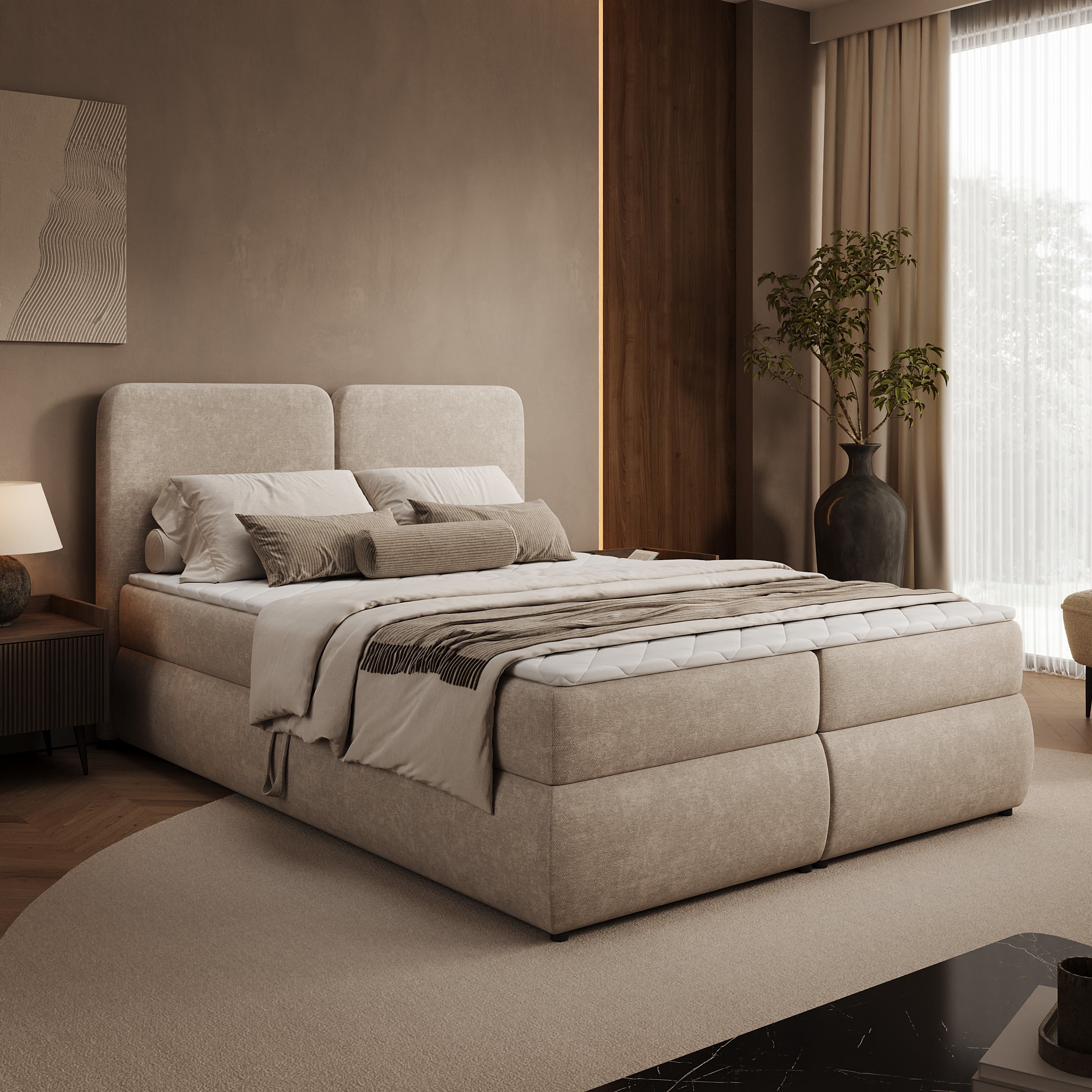 Novu - Boxspring met opbergruimte - Stof beige - 140x200 cm