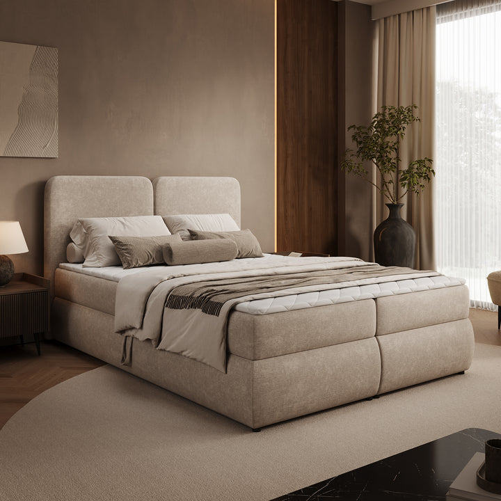 Novu - Boxspring met opbergruimte - Stof beige - 140x200 cm