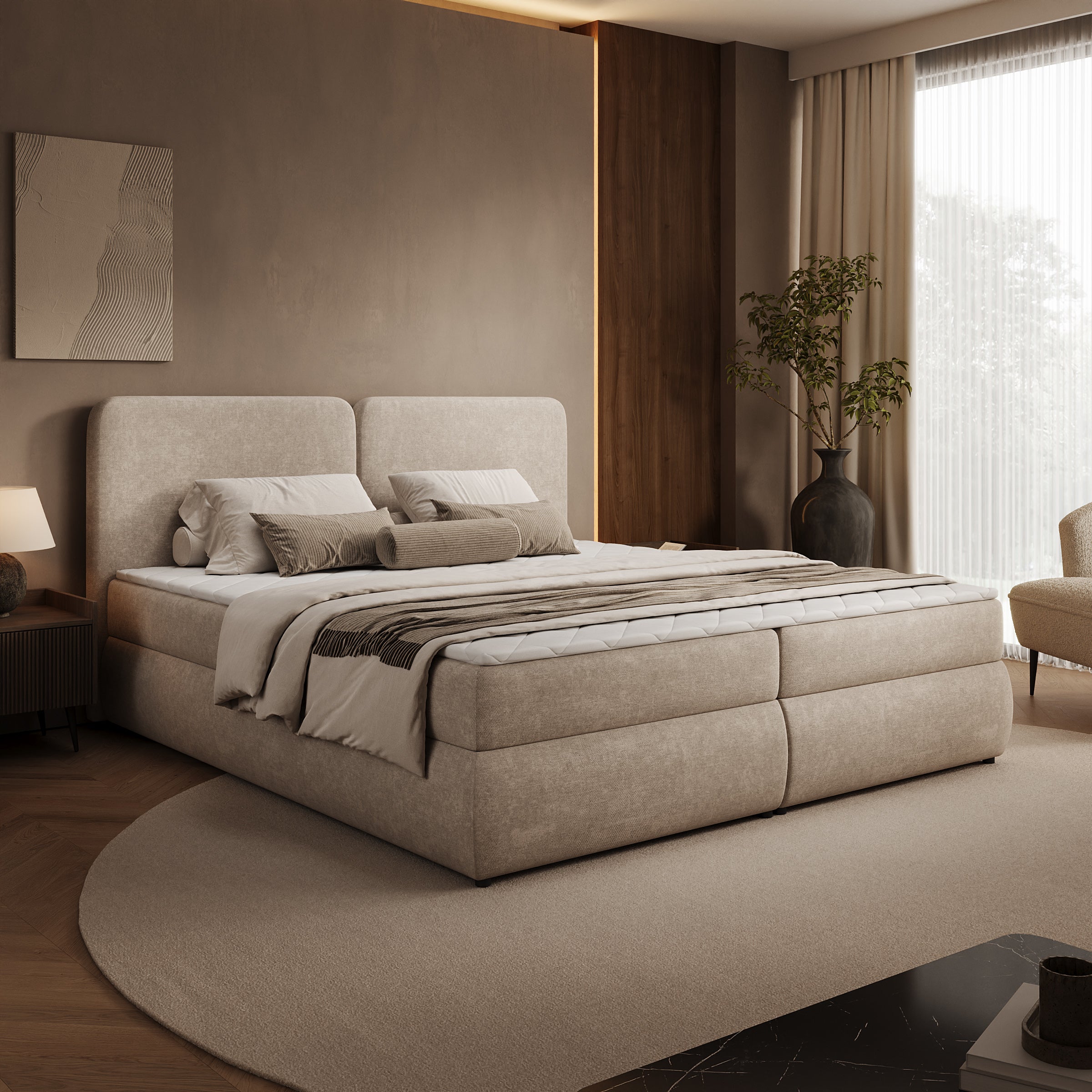 Novu - Boxspring met opbergruimte - Stof beige - 180x200 cm