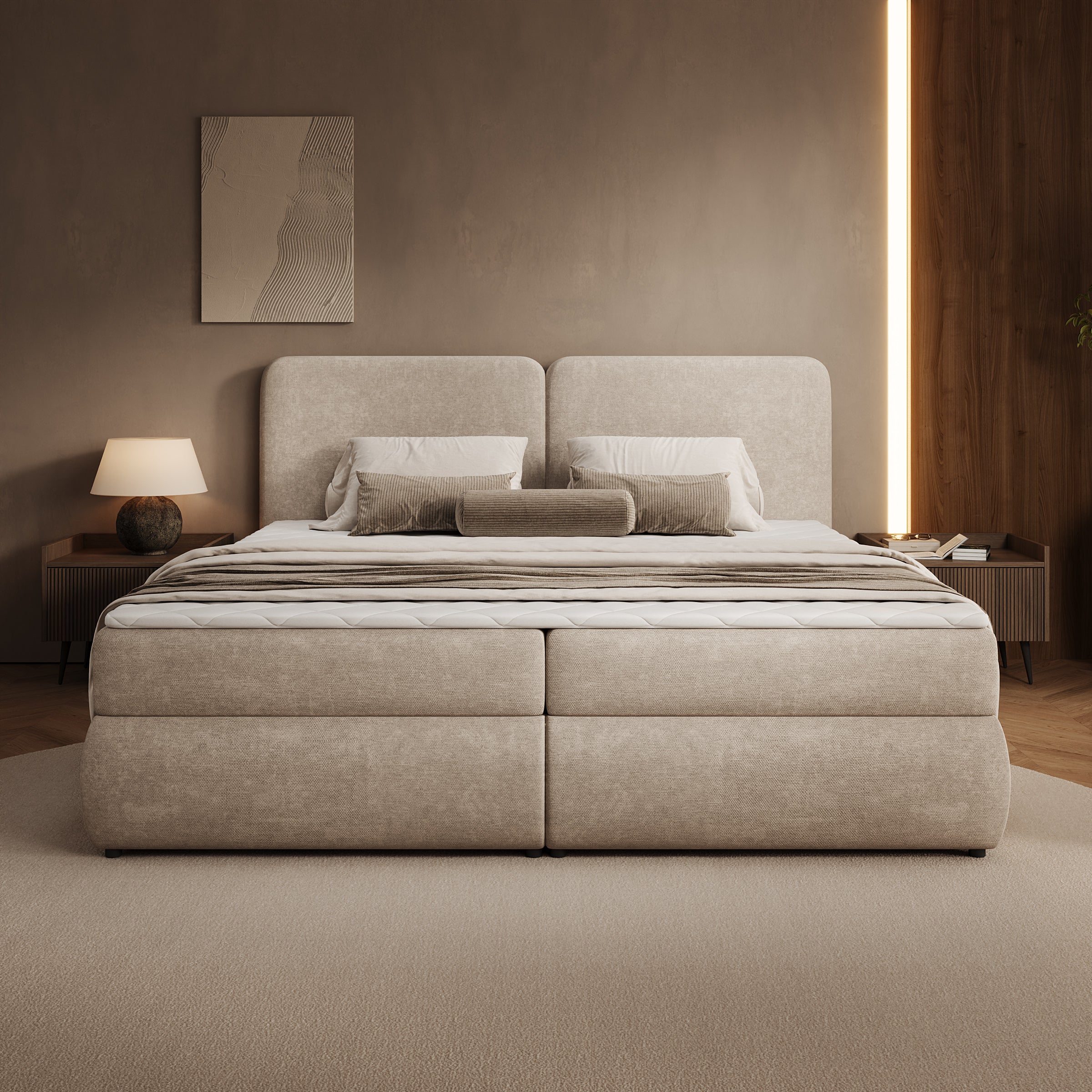 Novu - Boxspring met opbergruimte - Stof beige - 180x200 cm