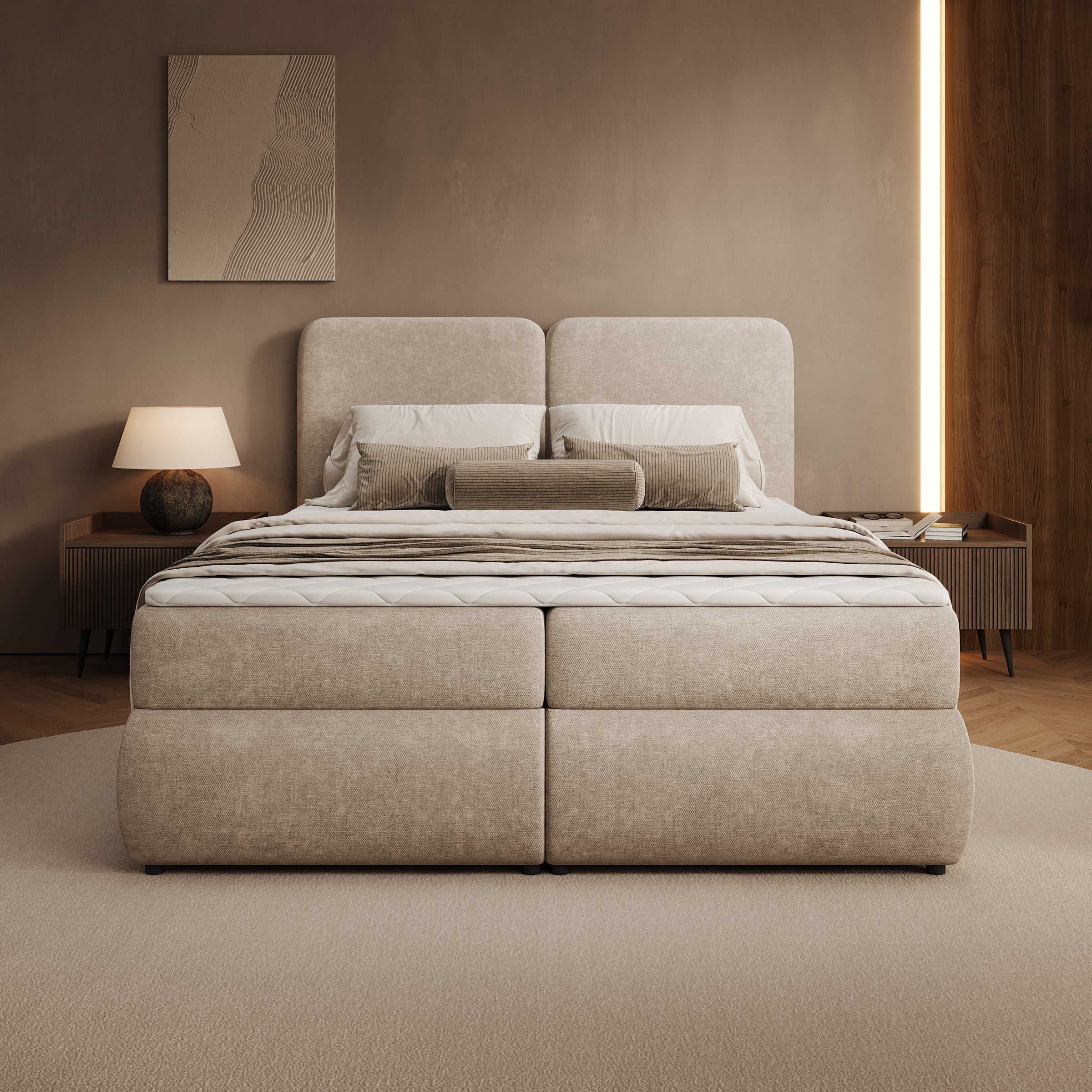 Novu - Boxspring met opbergruimte - Stof beige - 140x200 cm