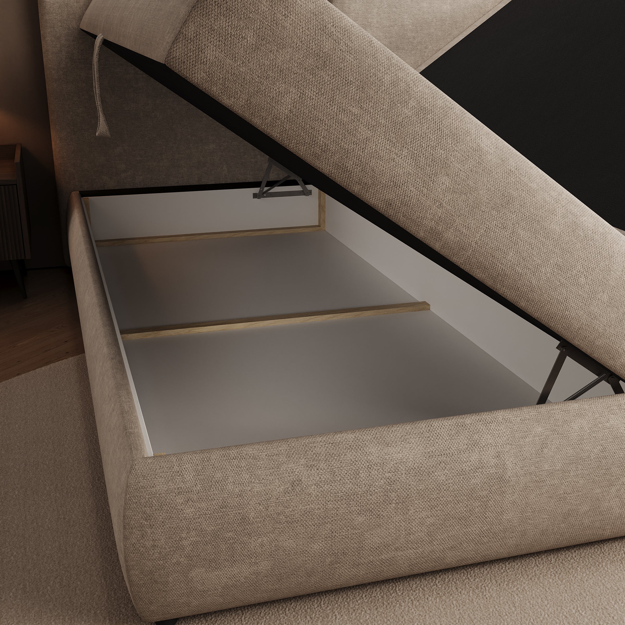 Novu - Boxspring met opbergruimte - Stof beige - 180x200 cm