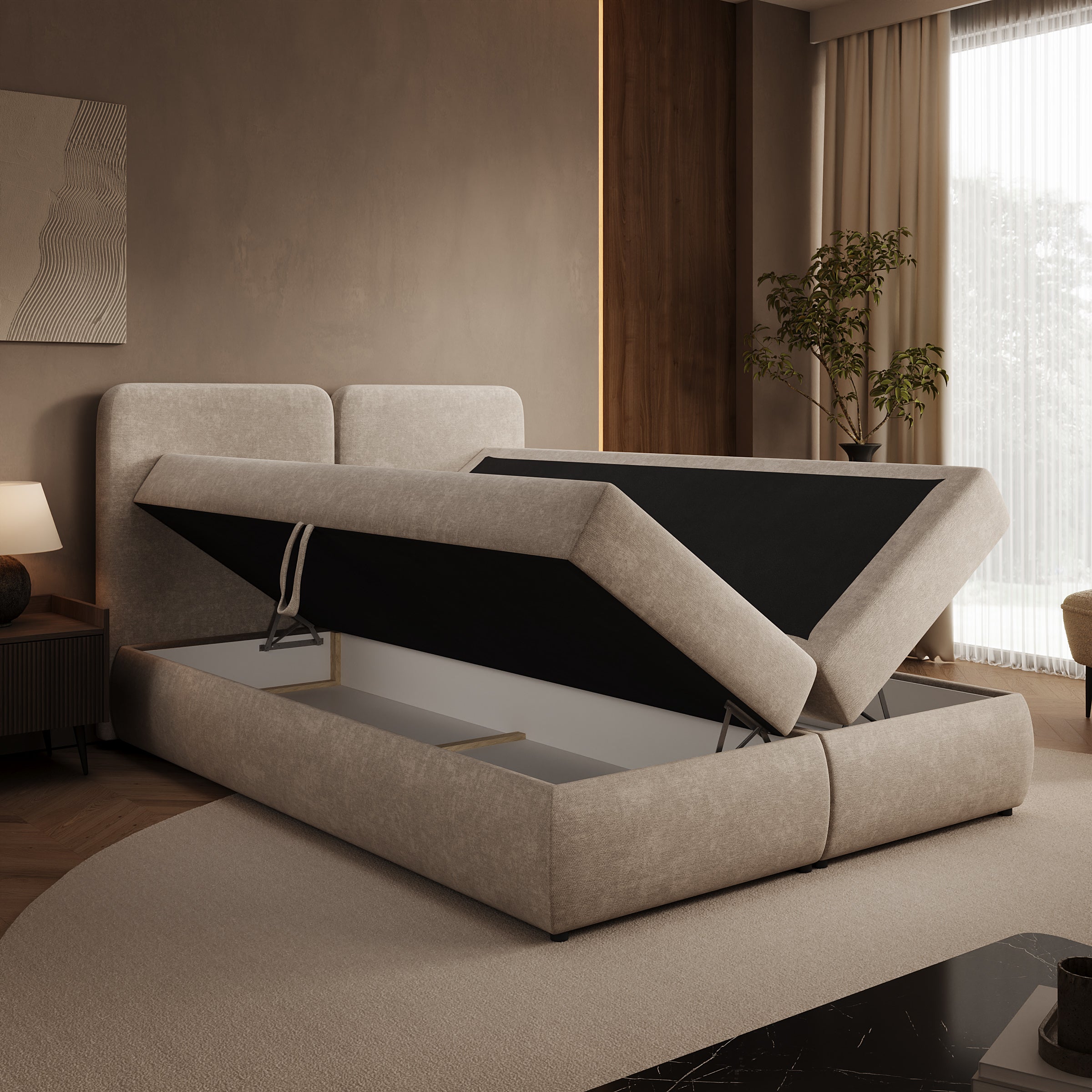 Novu - Boxspring met opbergruimte - Stof beige - 140x200 cm