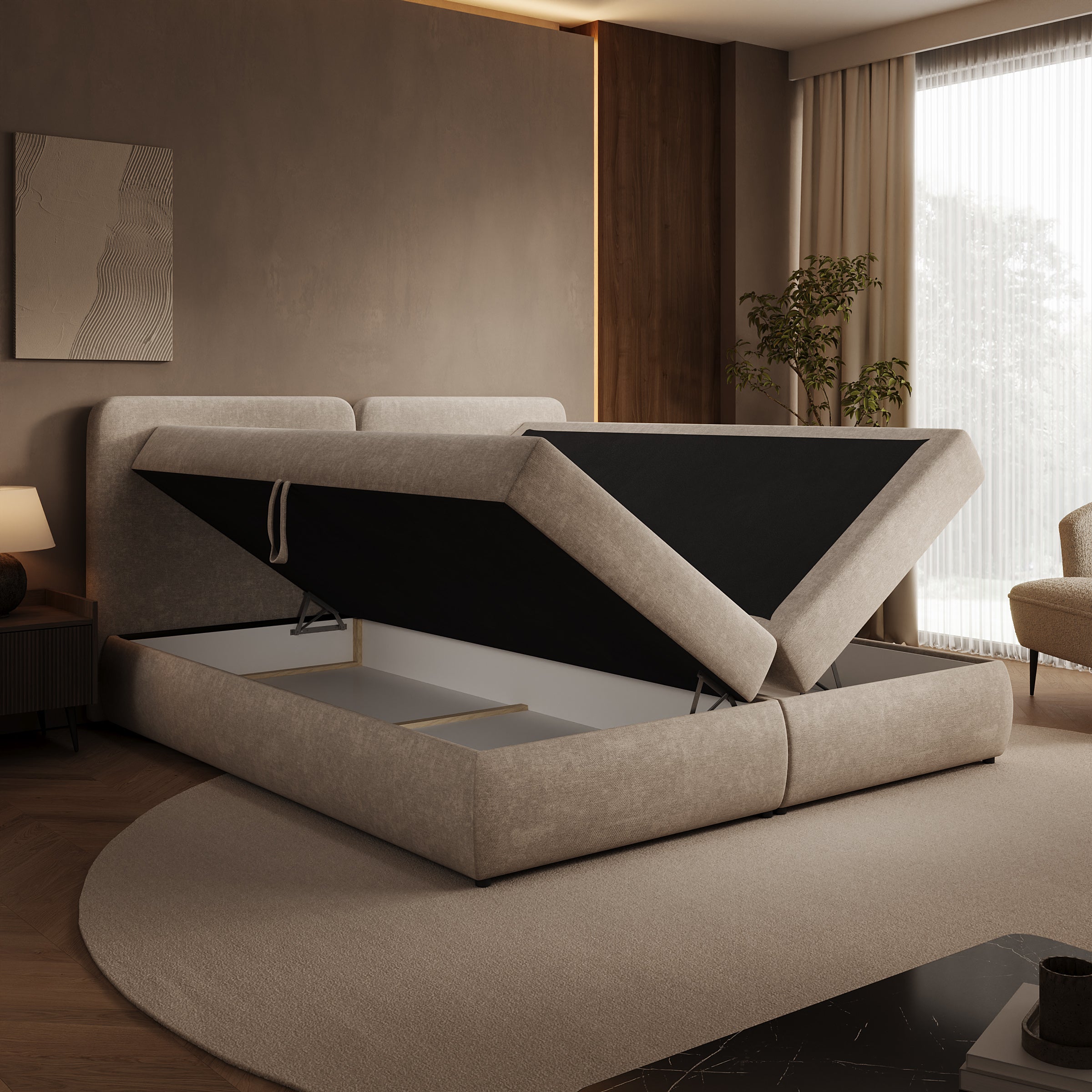 Novu - Boxspring met opbergruimte - Stof beige - 180x200 cm