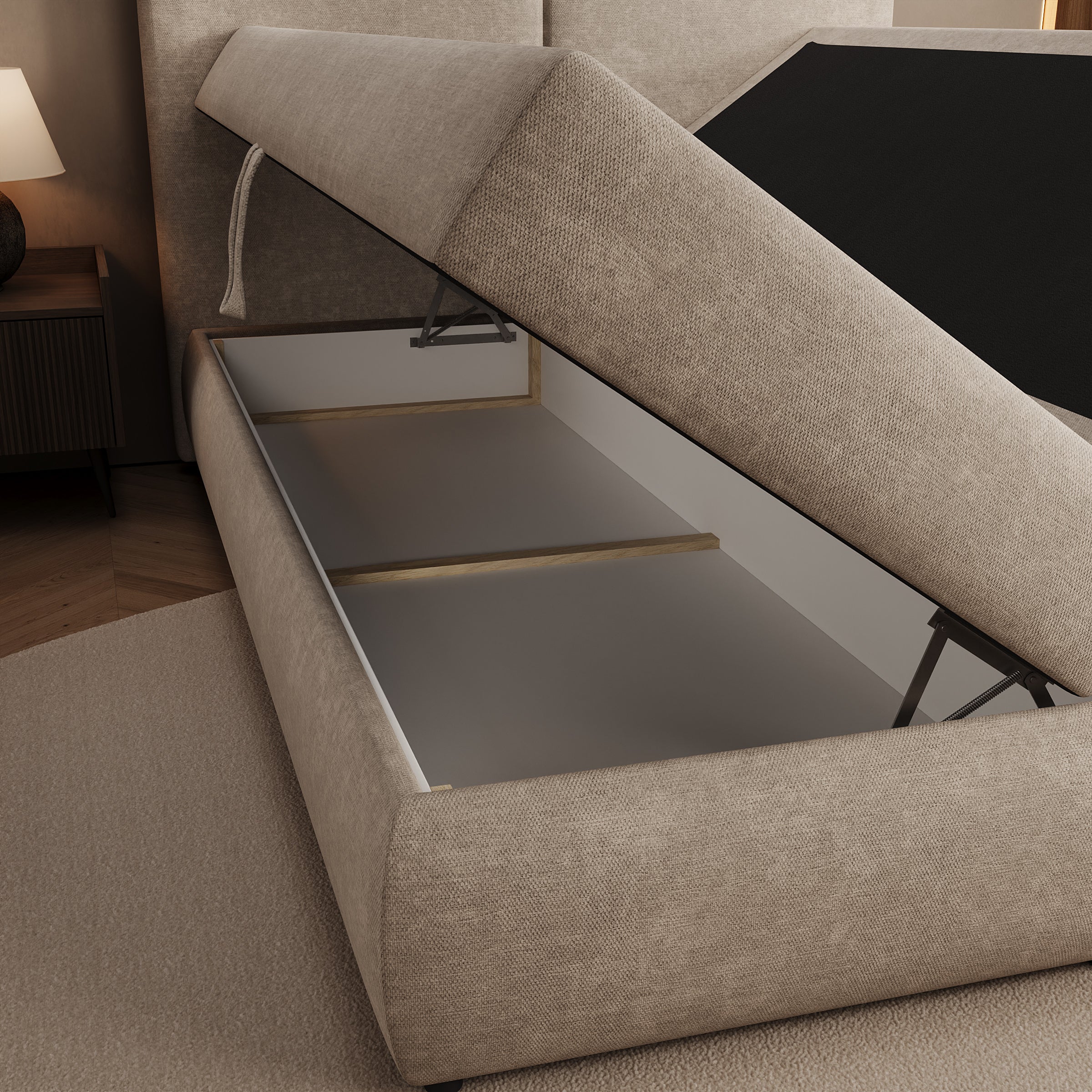 Novu - Boxspring met opbergruimte - Stof beige - 140x200 cm