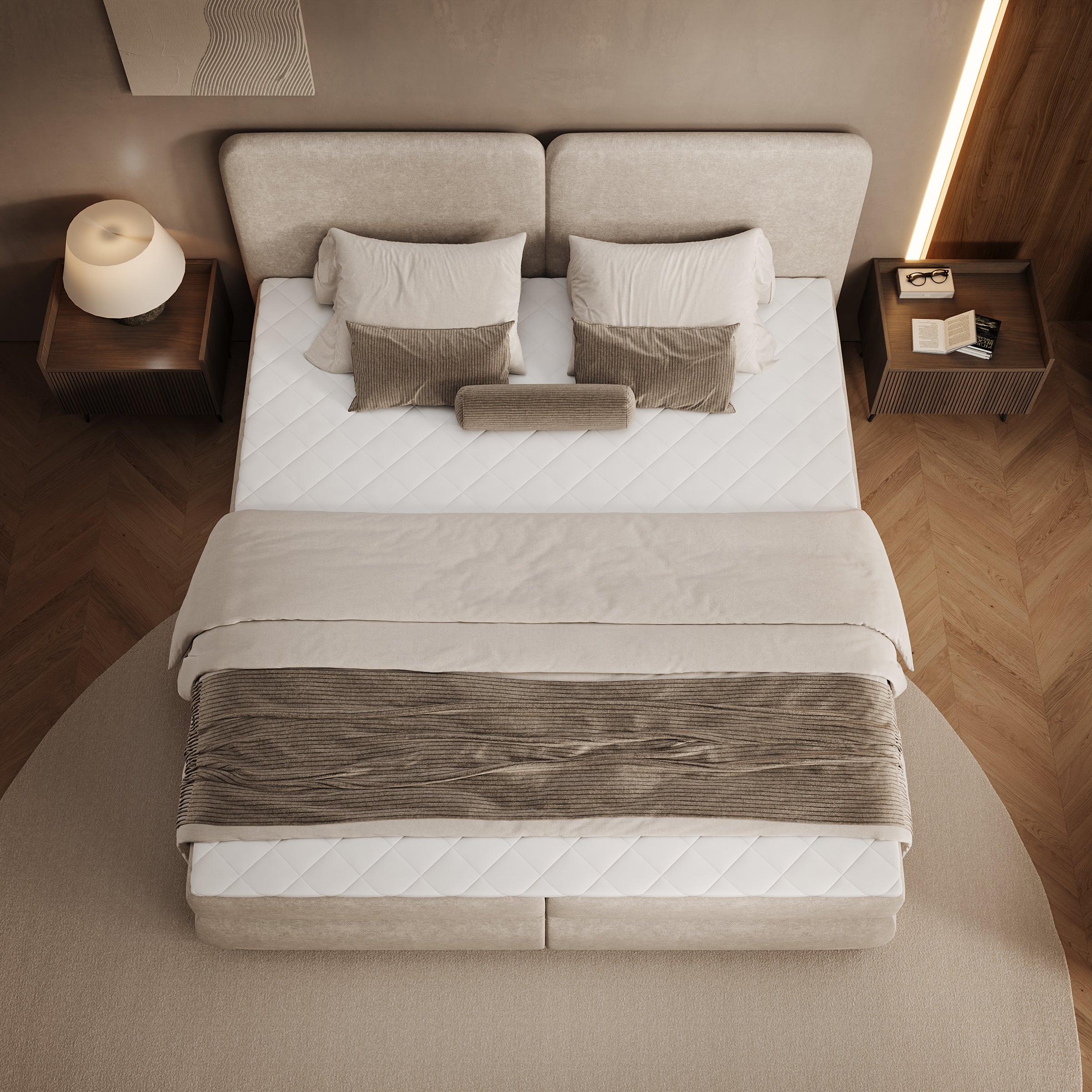 Novu - Boxspring met opbergruimte - Stof beige - 180x200 cm
