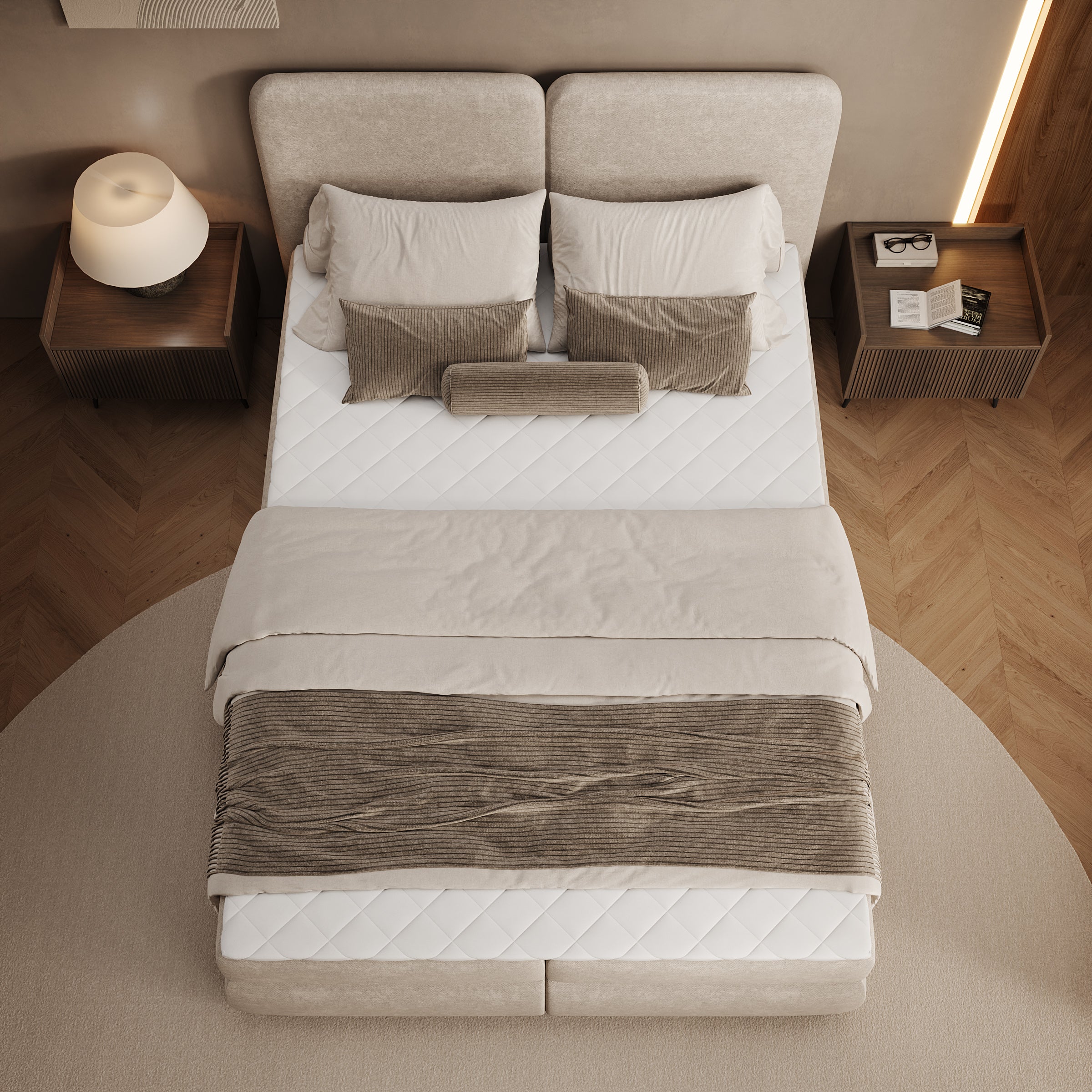 Novu - Boxspring met opbergruimte - Stof beige - 140x200 cm