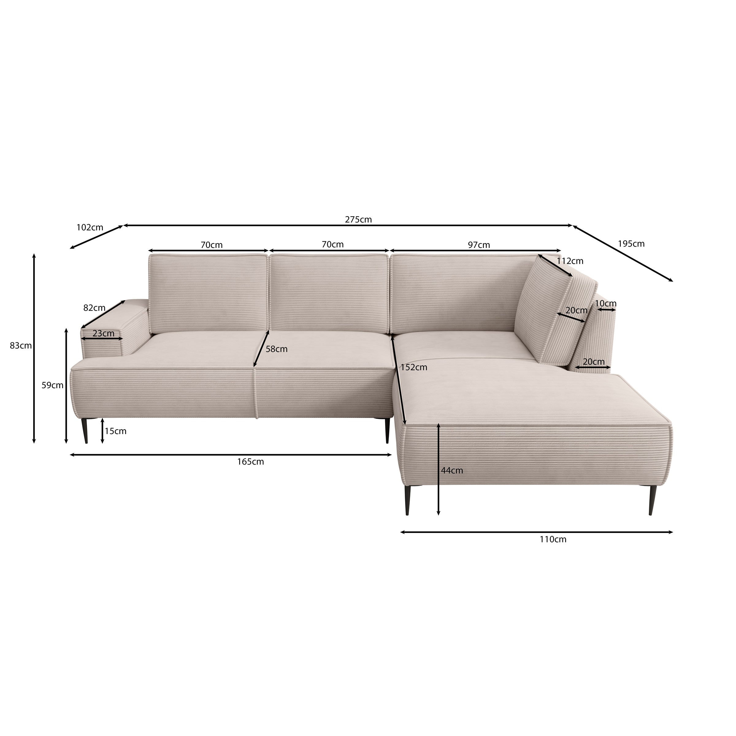 Odin - Hoekbank 3-zits - Ribstof beige - Rechts