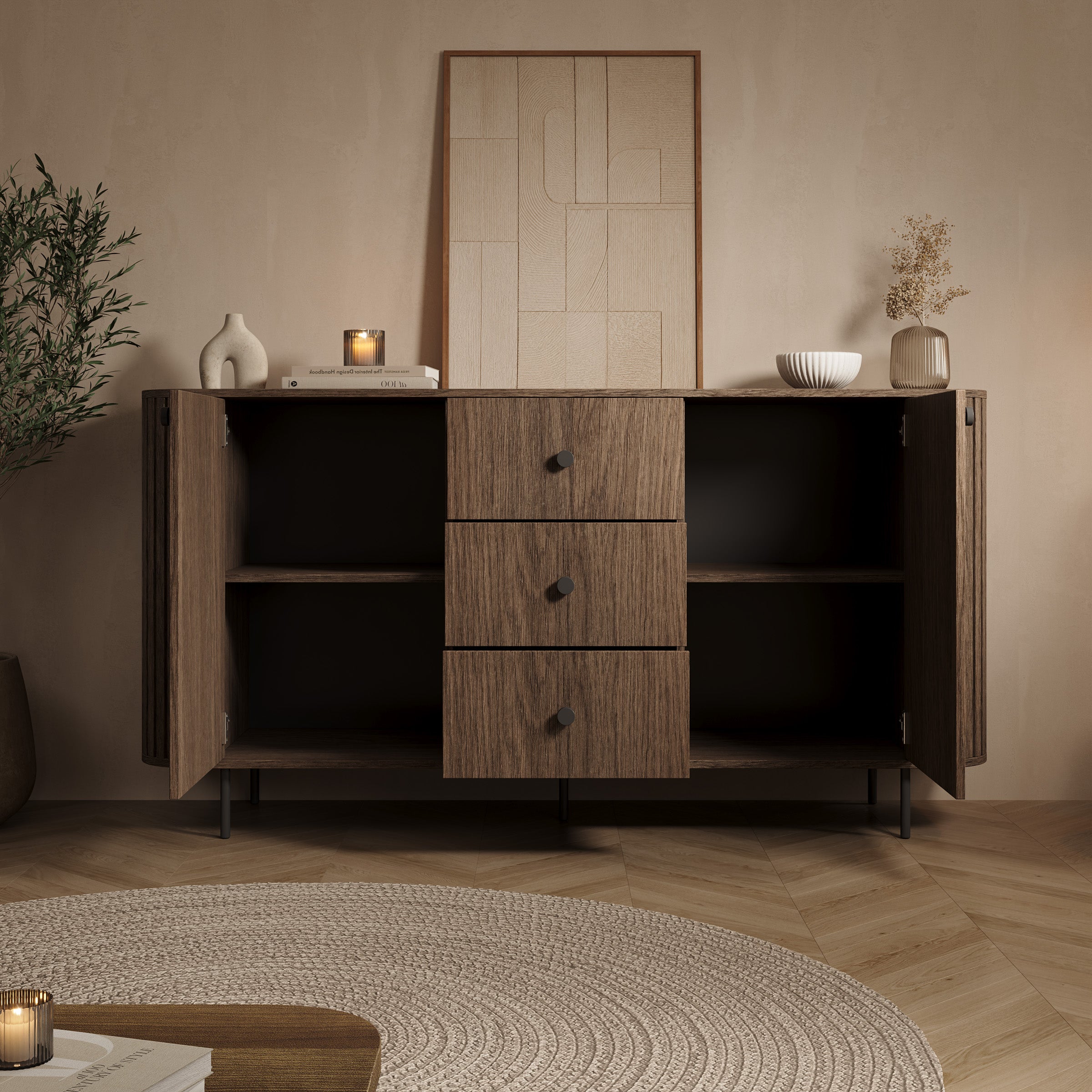 Olivea - Dressoir - Met lades -  Walnootpatroon - 165x42x85