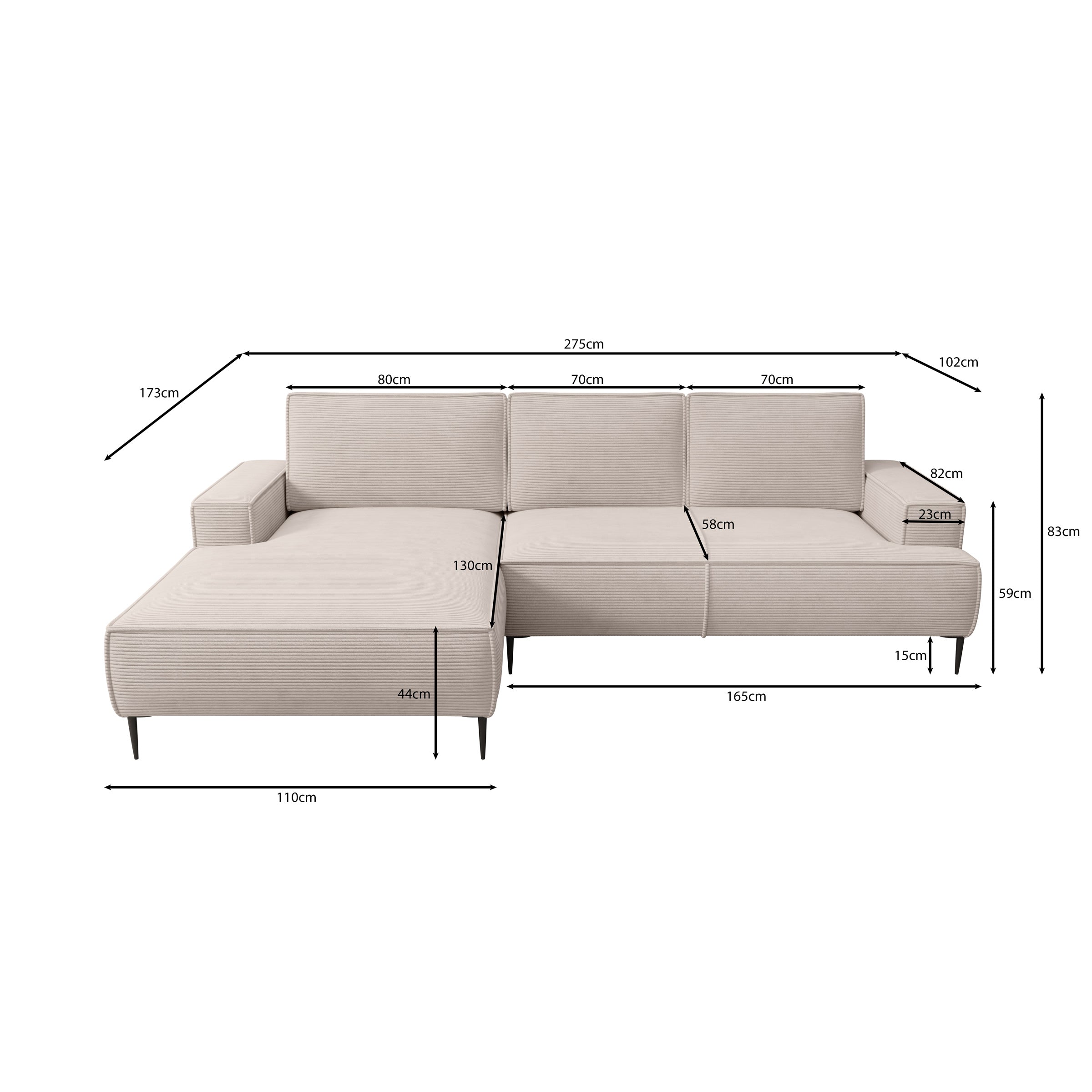 Olympia - Hoekbank 3-zits met chaise longue - Ribstof beige - Links