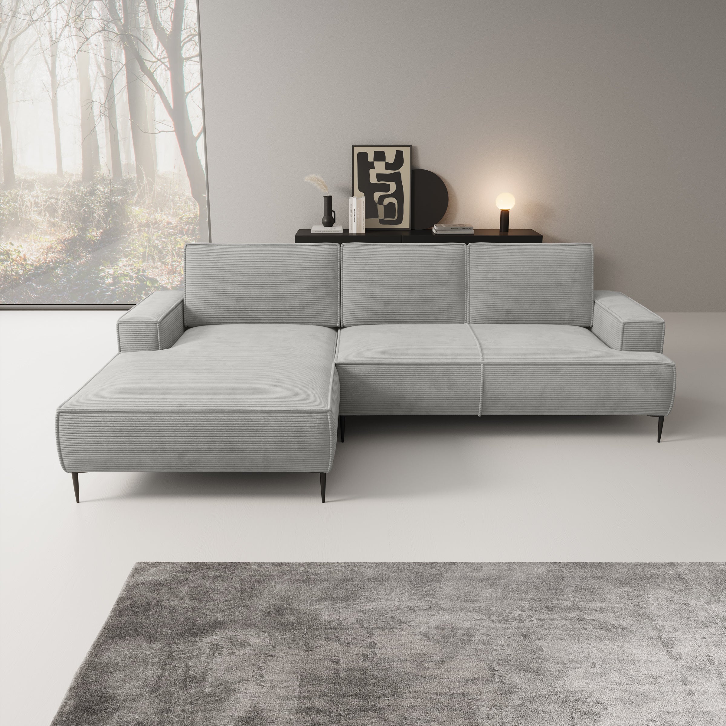 Olympia - Hoekbank 3-zits met chaise longue - Ribstof grijs - Links