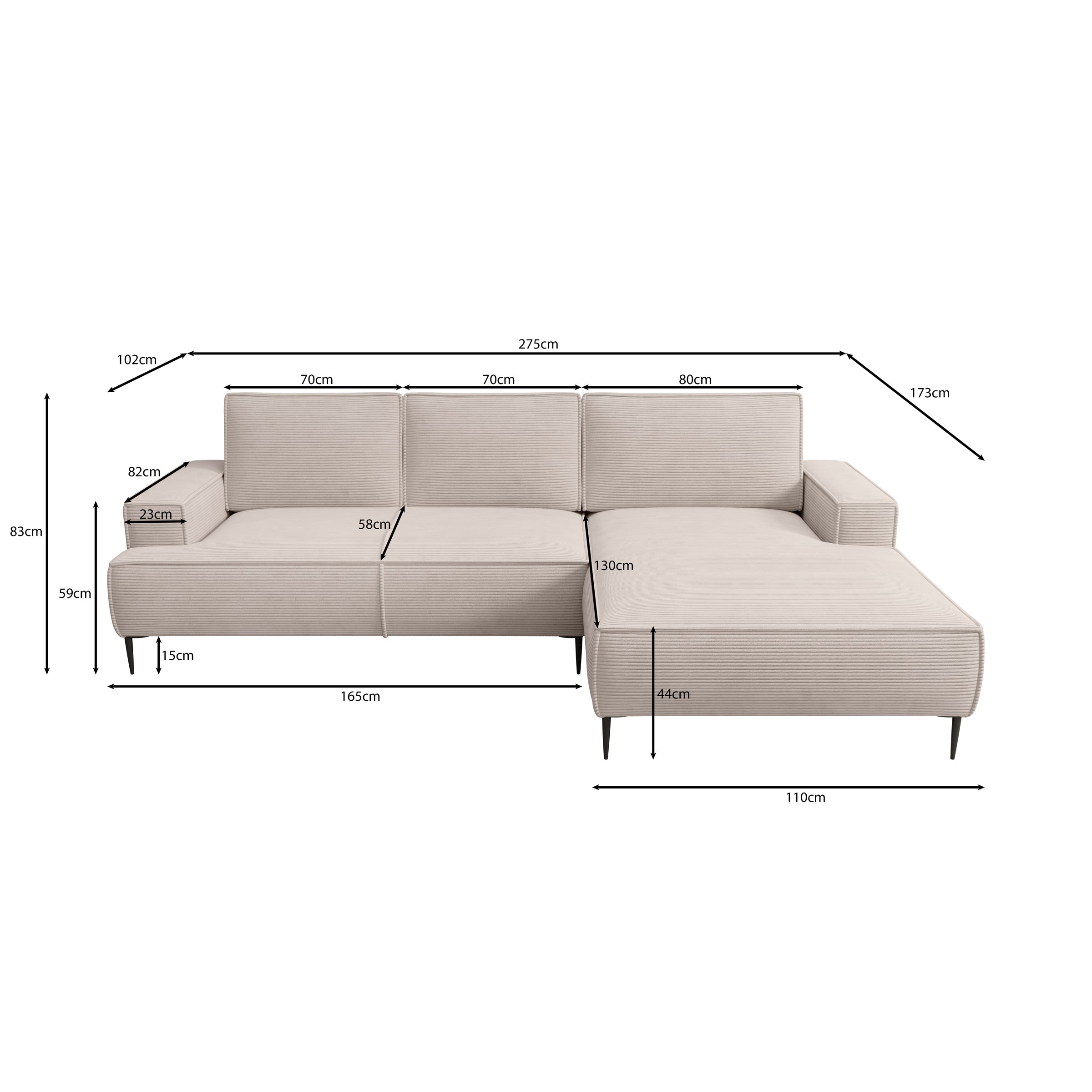 Olympia - Hoekbank 3-zits met chaise longue - Ribstof beige - Rechts