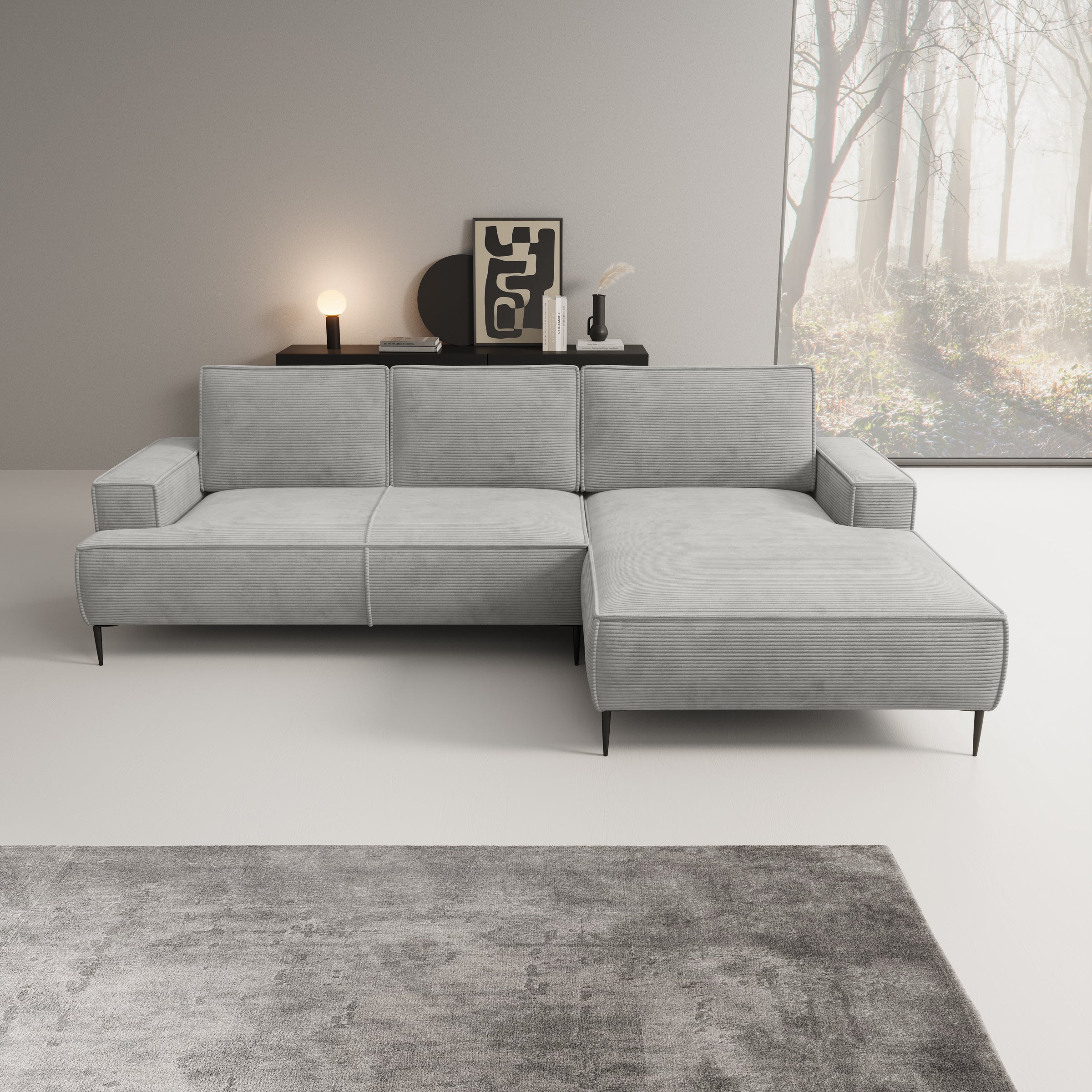 Olympia - Hoekbank 3-zits met chaise longue - Ribstof grijs - Rechts