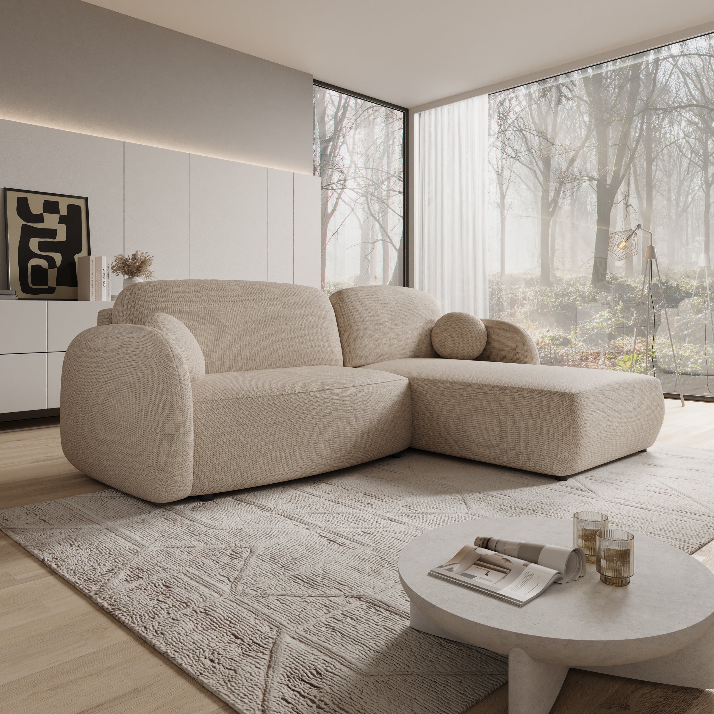 Ometa - Hoekbank 3-zits met chaise longue - Stof beige