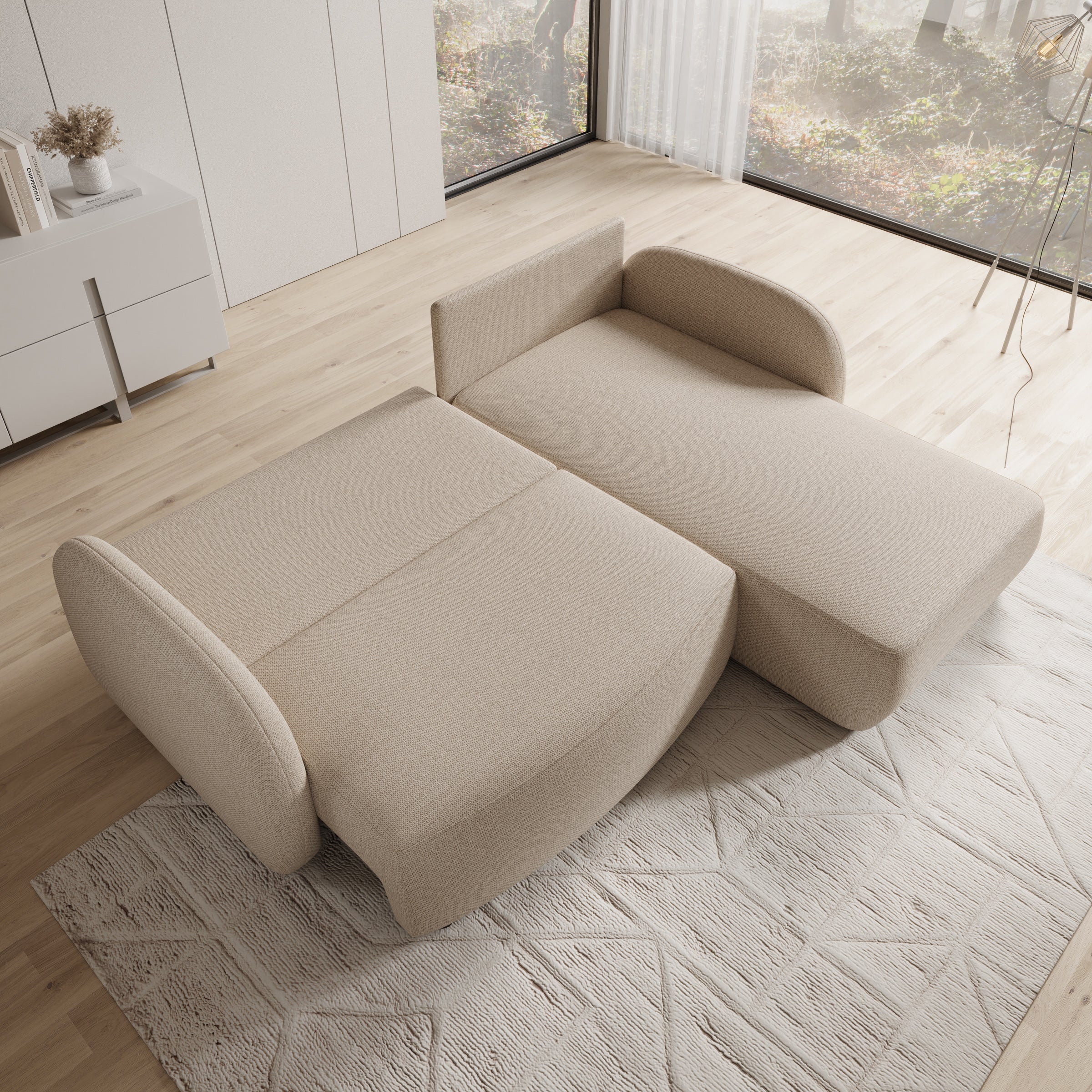 Ometa - Hoekbank 3-zits met chaise longue - Stof beige