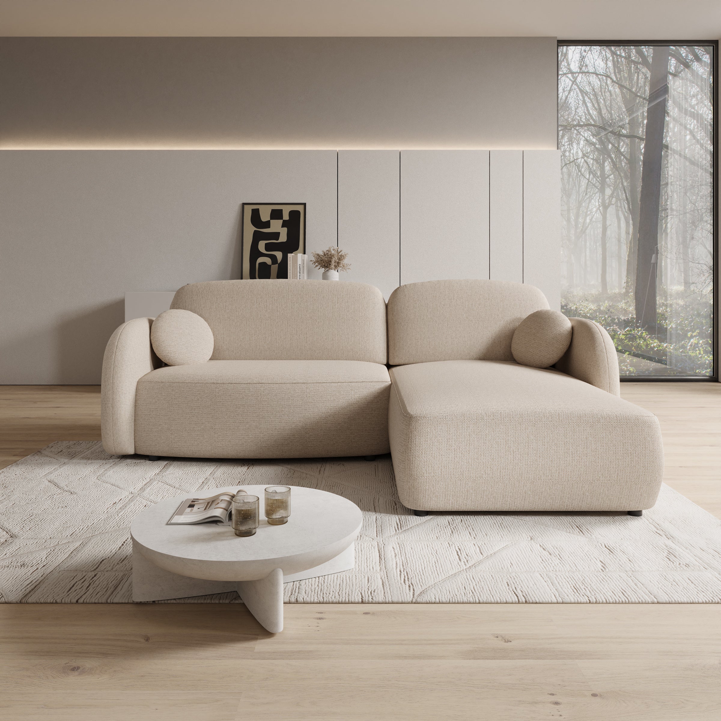 Ometa - Hoekbank 3-zits met chaise longue - Stof beige