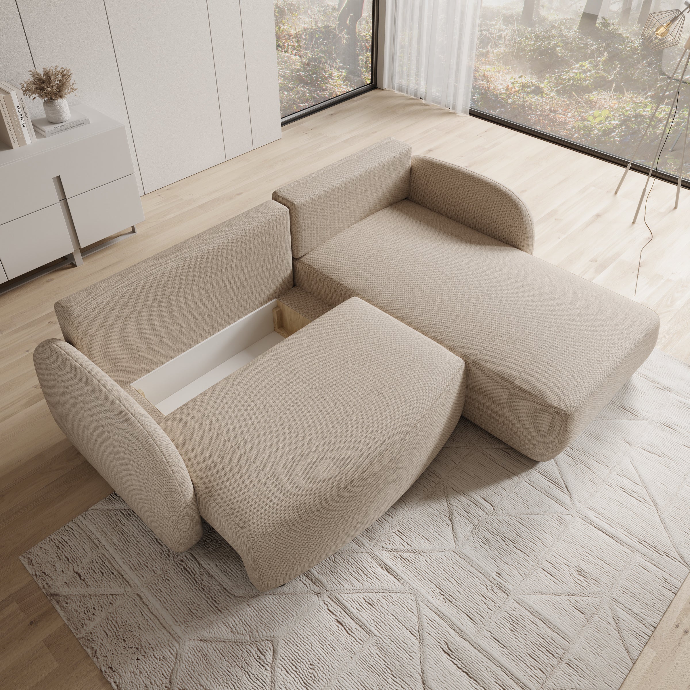 Ometa - Hoekbank 3-zits met chaise longue - Stof beige